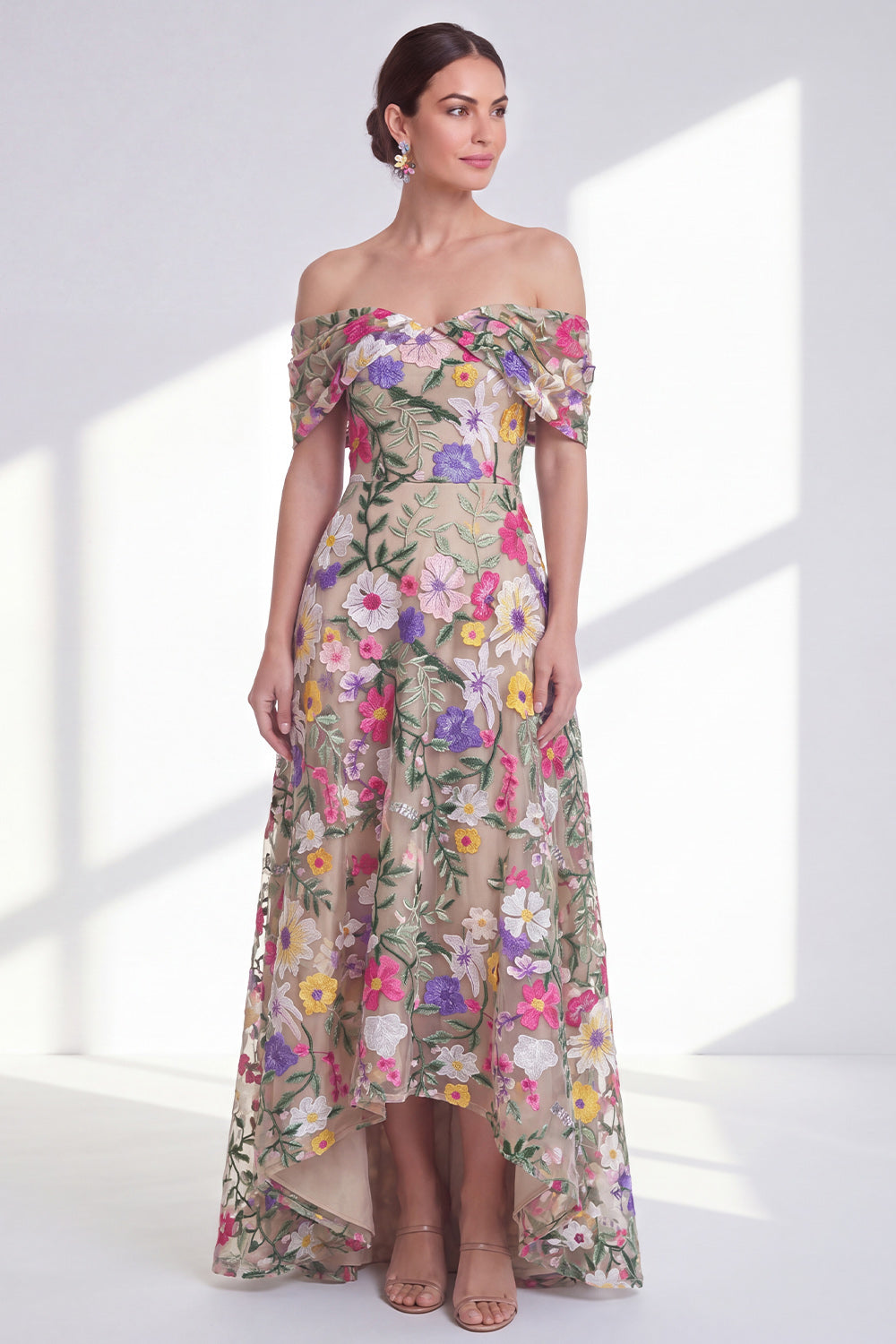 Light Khaki Floral A Line High Low Mother of the Bride Dress