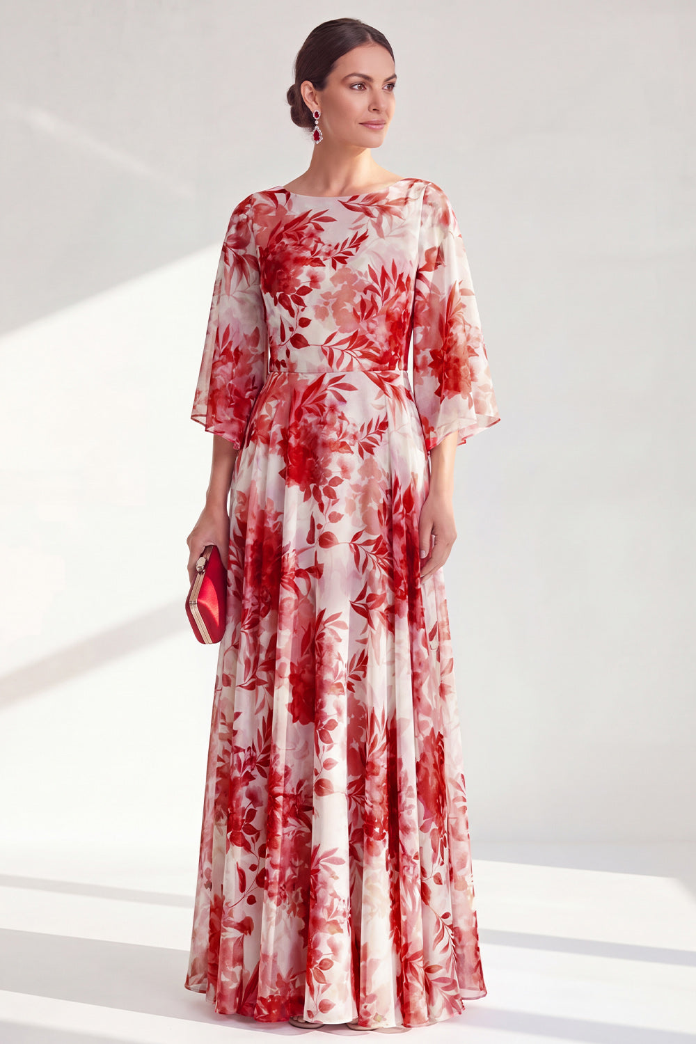 Red Boat Neck A Line Long Floral Mother of the Bride Dress