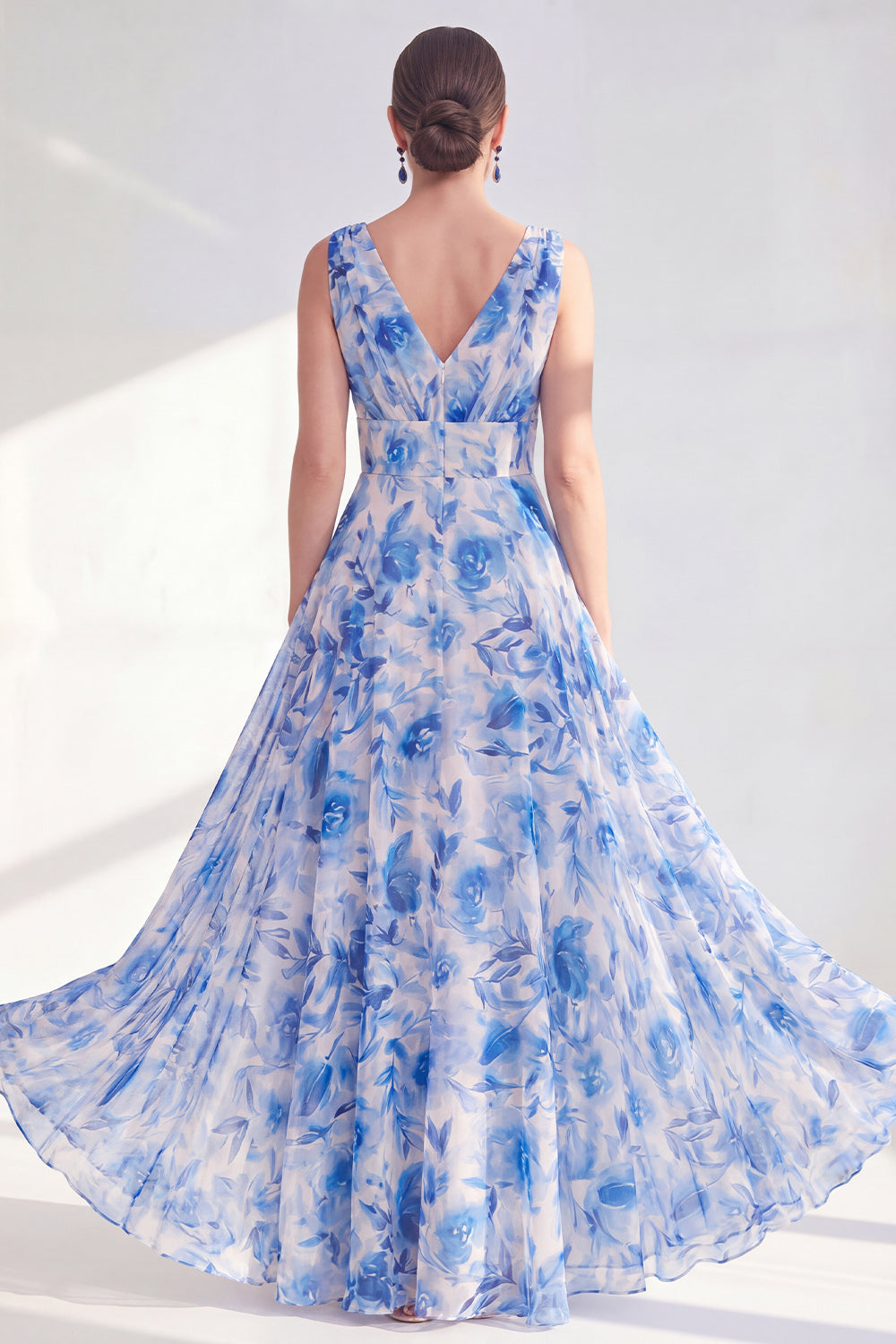 A Line Blue Chiffon Ruched V-Neck Floral Long Mother of the Bride Dress