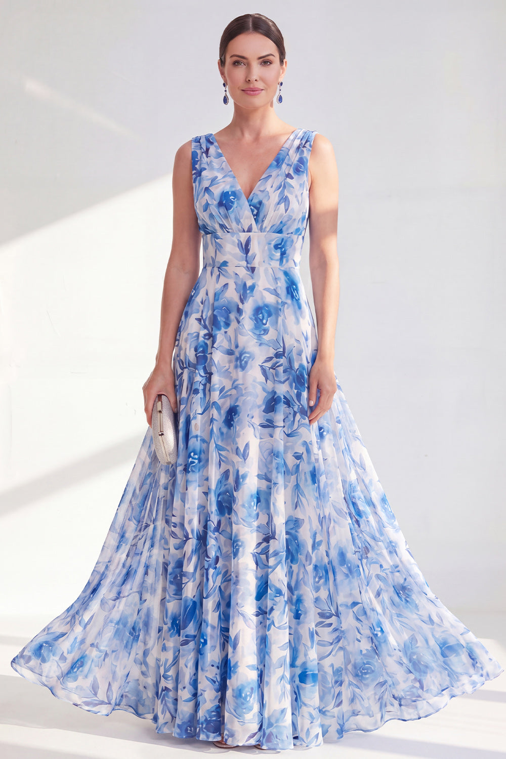 A Line Blue Chiffon Ruched V-Neck Floral Long Mother of the Bride Dress