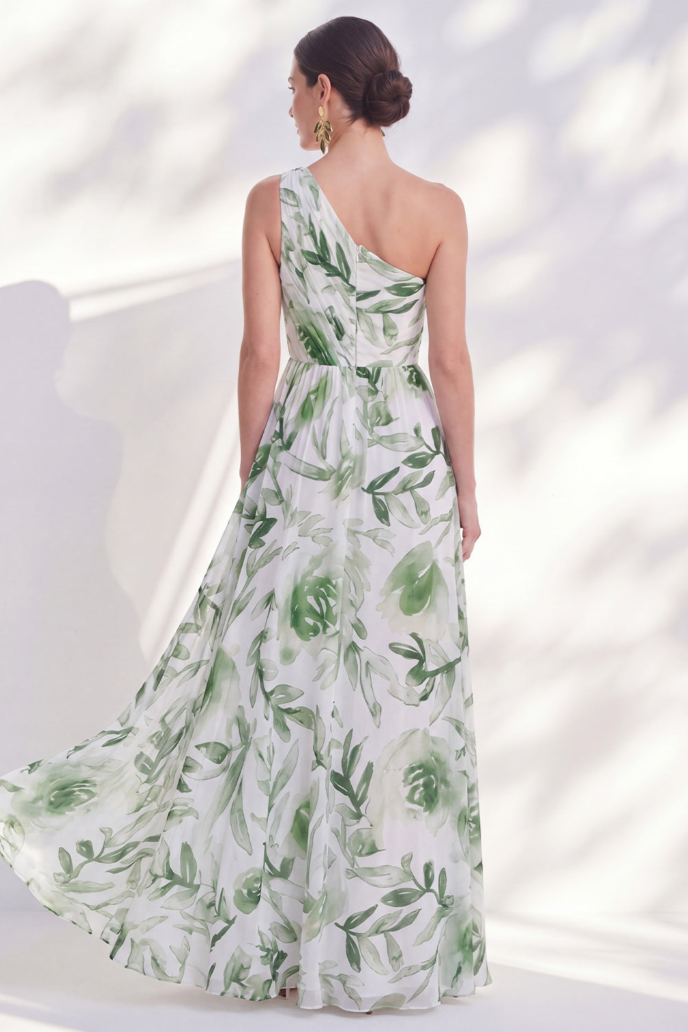 Green A Line Floral Ruched Long Mother of the Bride Dress with Slit