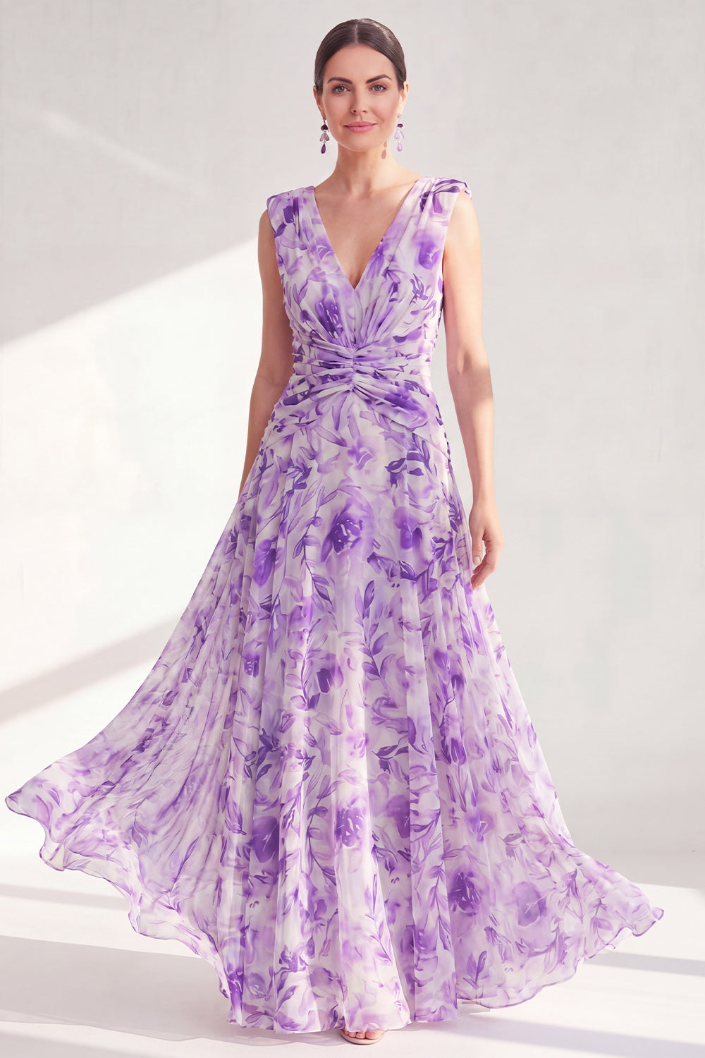 Purple V-Neck A Line Ruched Chiffon Long Floral Mother of the Bride Dress