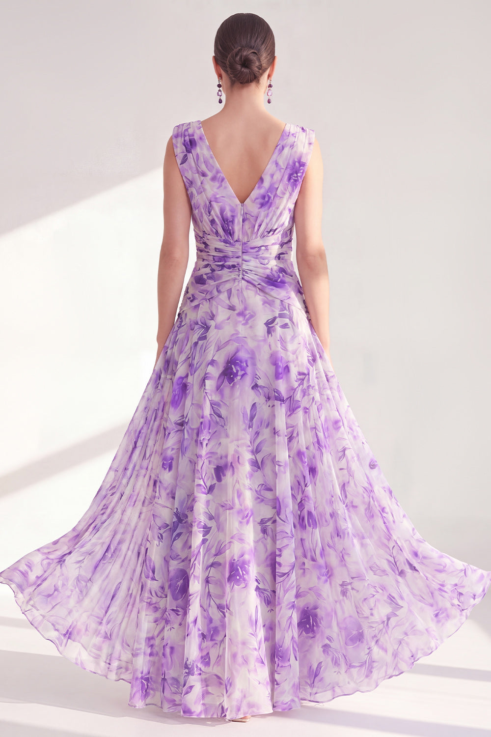 Purple V-Neck A Line Ruched Chiffon Long Floral Mother of the Bride Dress