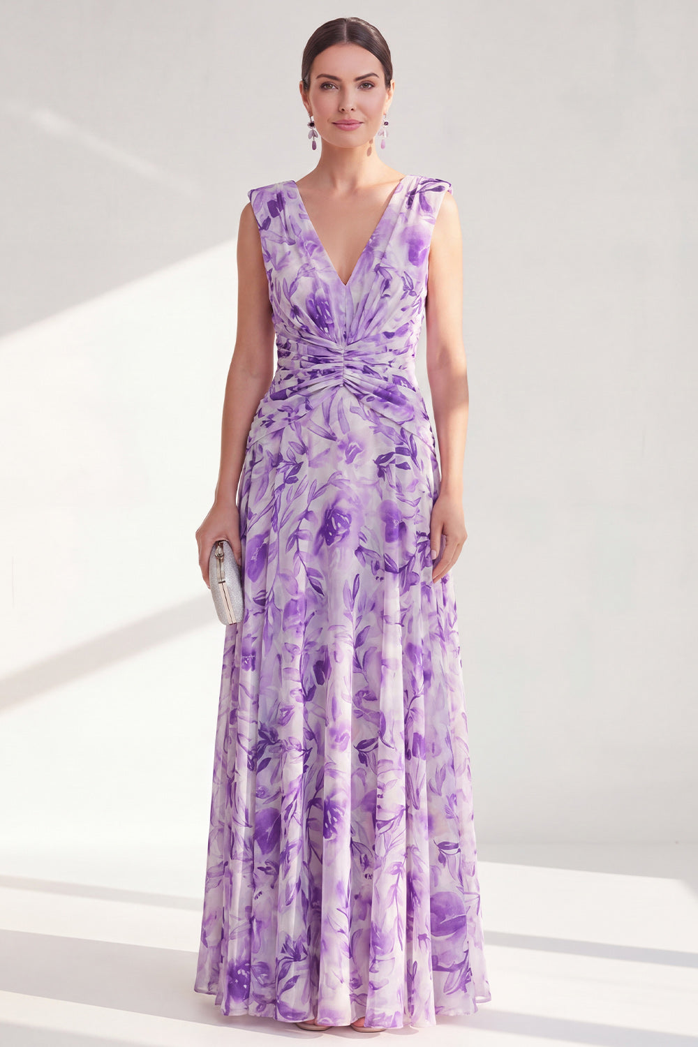 Purple V-Neck A Line Ruched Chiffon Long Floral Mother of the Bride Dress