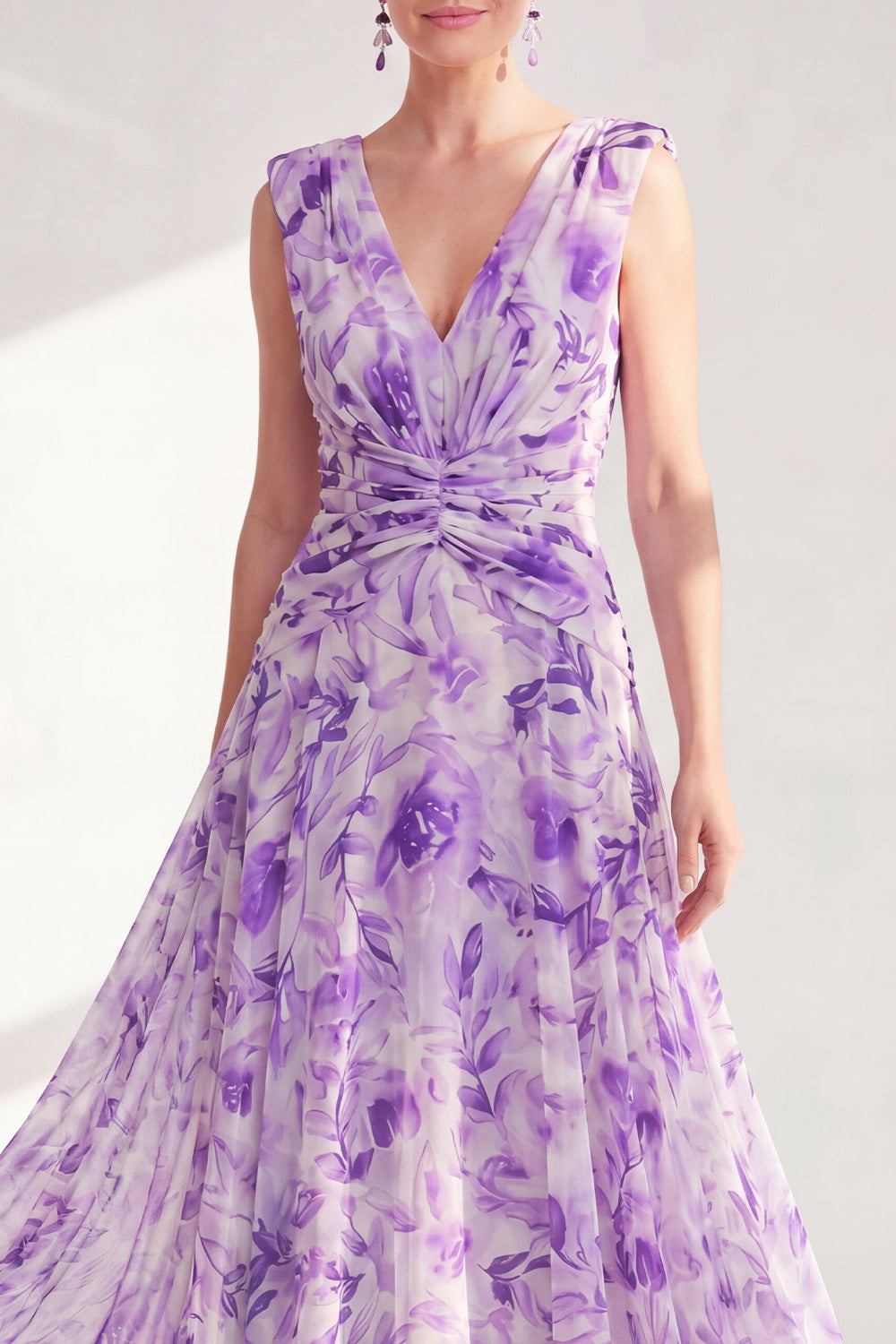 Purple V-Neck A Line Ruched Chiffon Long Floral Mother of the Bride Dress