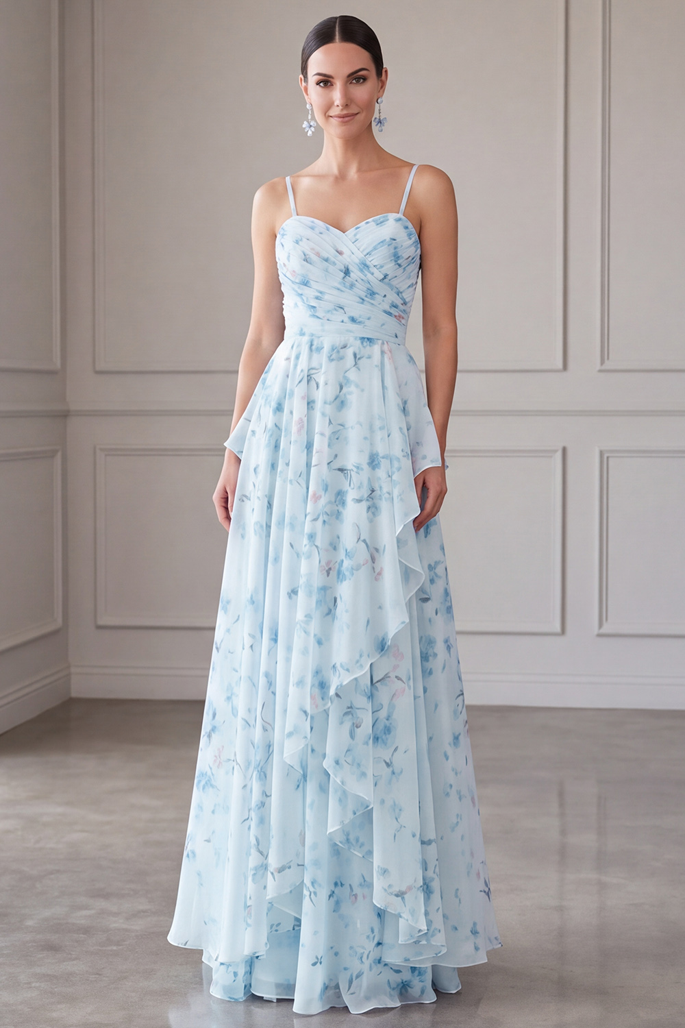 Blue Spaghetti Straps A Line Floral Long Mother of the Bride Dress with Ruffles