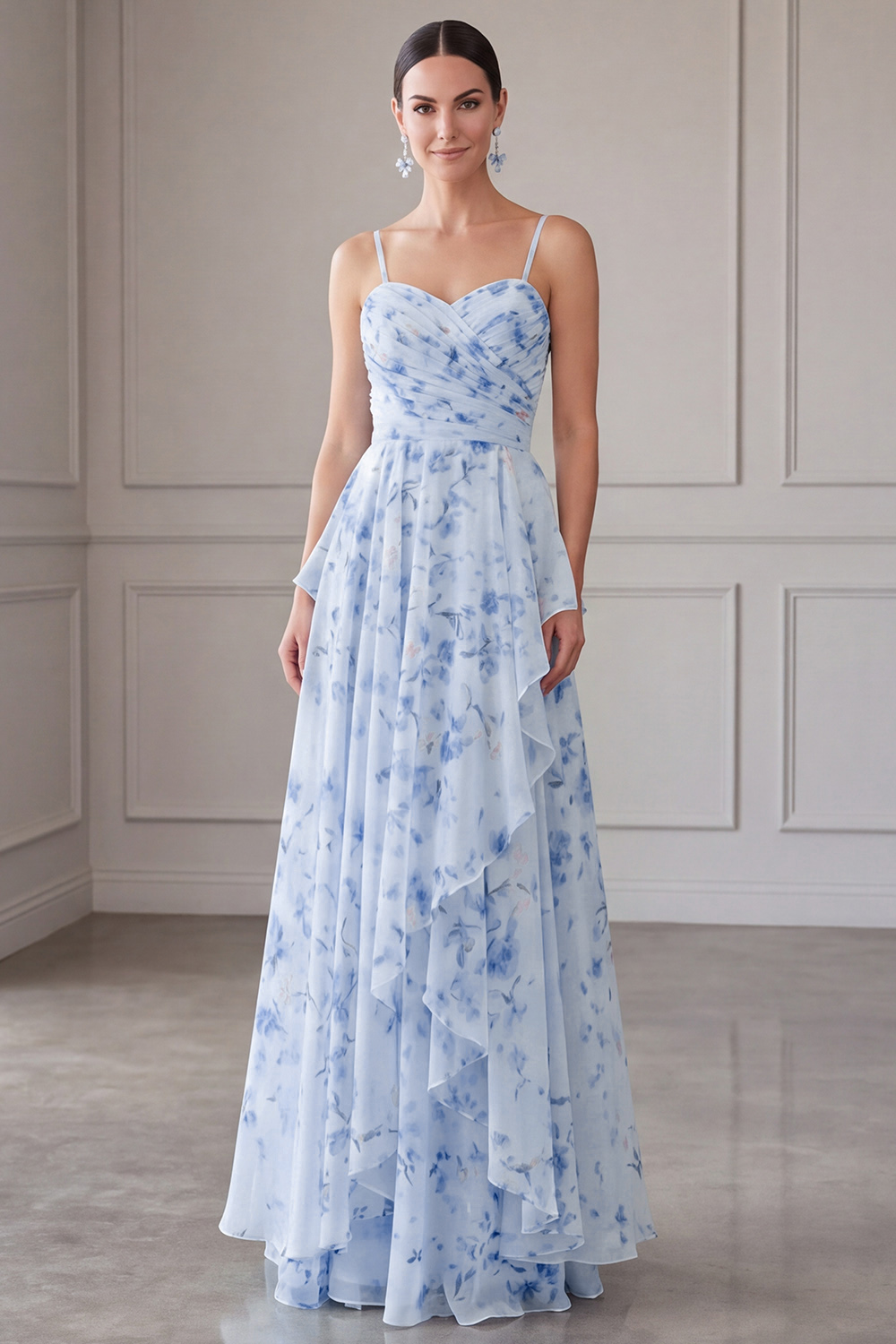 Blue Spaghetti Straps A Line Floral Long Mother of the Bride Dress with Ruffles