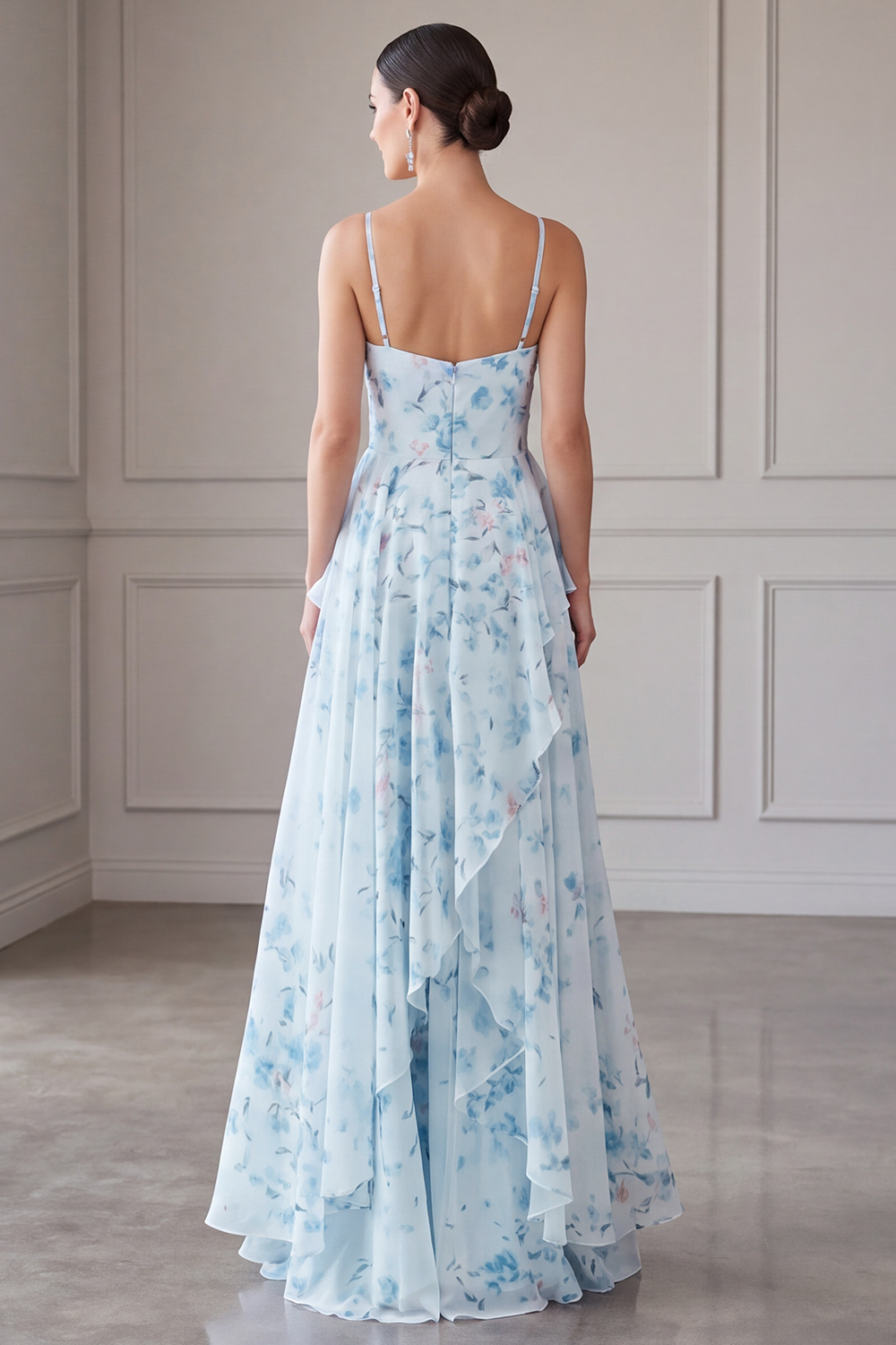 Blue Spaghetti Straps A Line Floral Long Mother of the Bride Dress with Ruffles