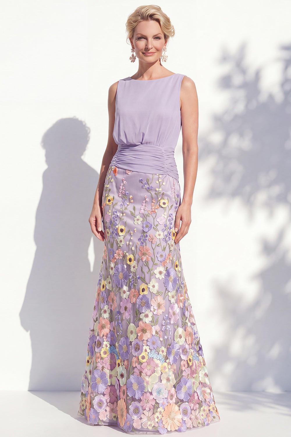 Green Floral Boat Neck Ruched Long Mermaid Mother of the Bride Dress
