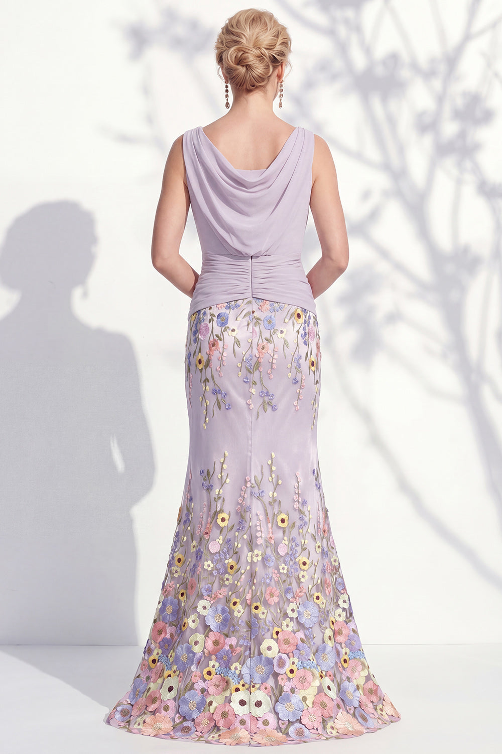 Green Floral Boat Neck Ruched Long Mermaid Mother of the Bride Dress