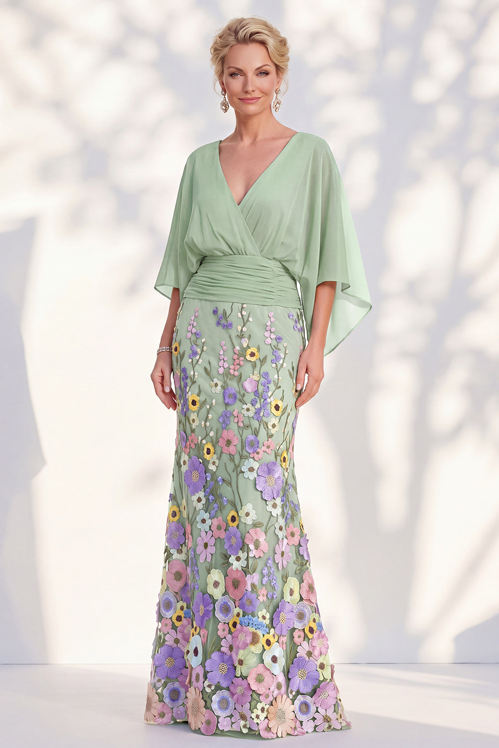 Floral Green Mermaid V-Neck Long Mother of the Bride Dress with Sleeves