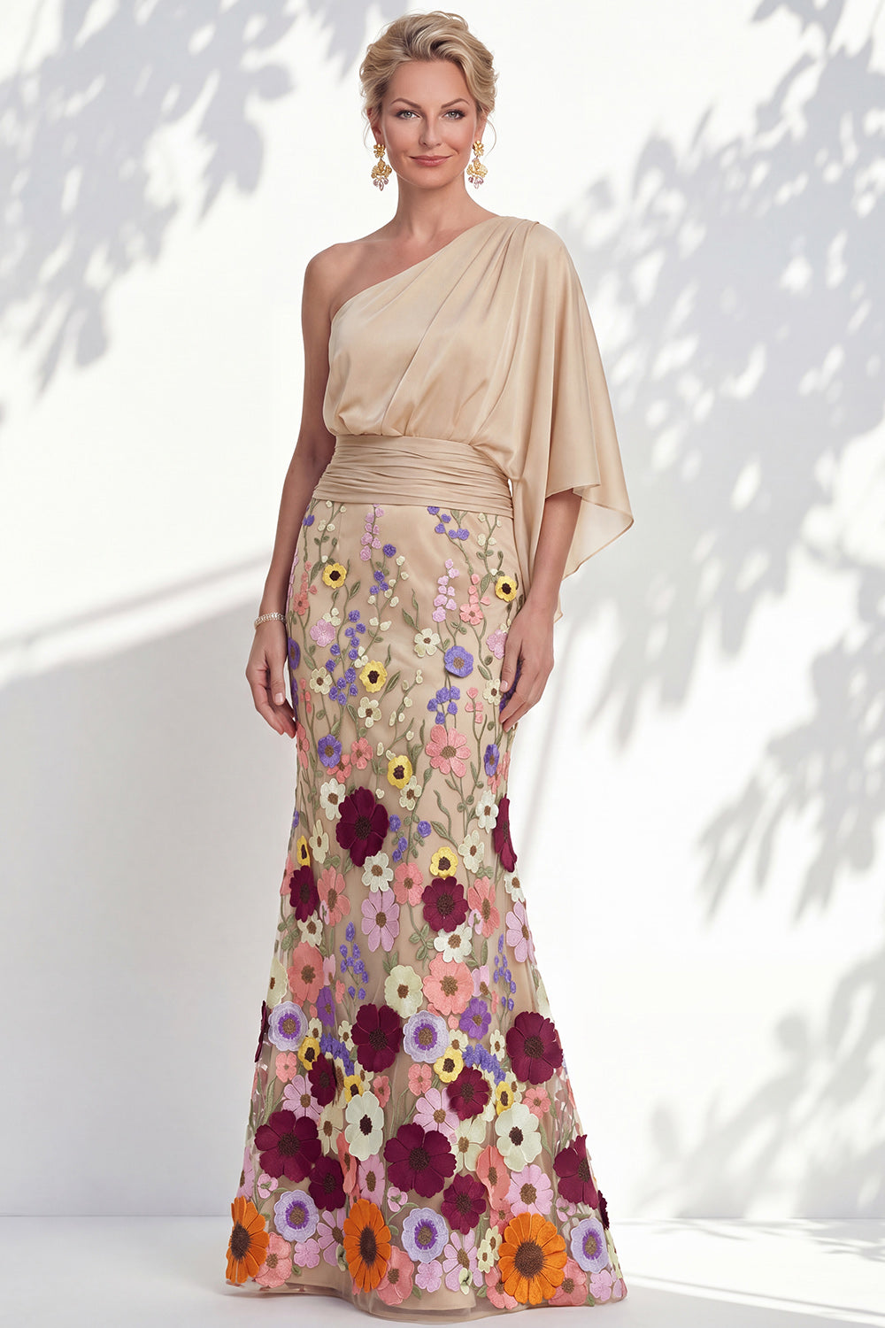 Champagne Floral Mermaid One Shoulder Long Mother of the Bride Dress with Sleeves