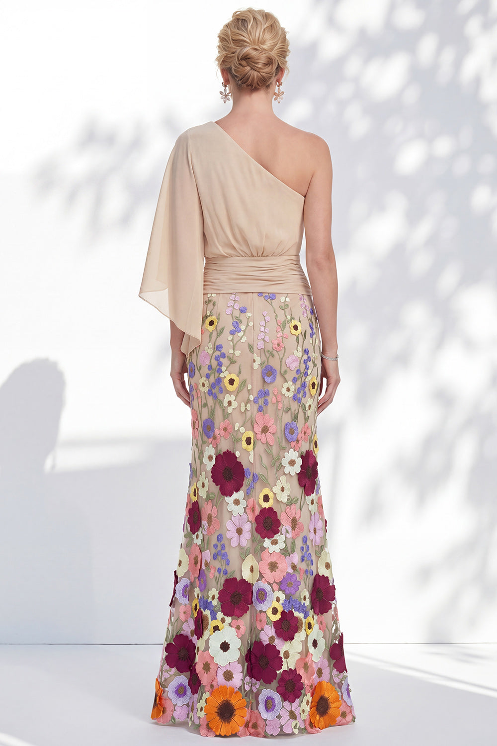 Champagne Floral Mermaid One Shoulder Long Mother of the Bride Dress with Sleeves