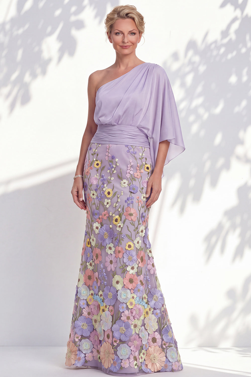 Champagne Floral Mermaid One Shoulder Long Mother of the Bride Dress with Sleeves