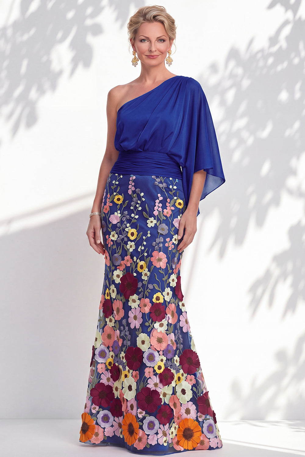 Champagne Floral Mermaid One Shoulder Long Mother of the Bride Dress with Sleeves