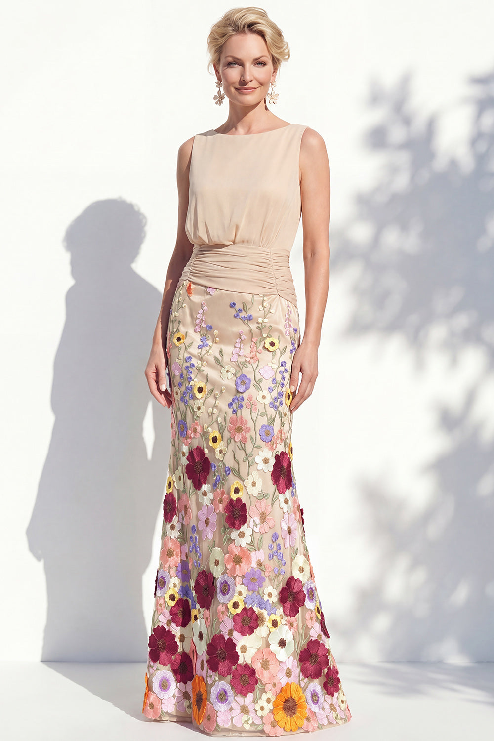 Green Floral Boat Neck Ruched Long Mermaid Mother of the Bride Dress