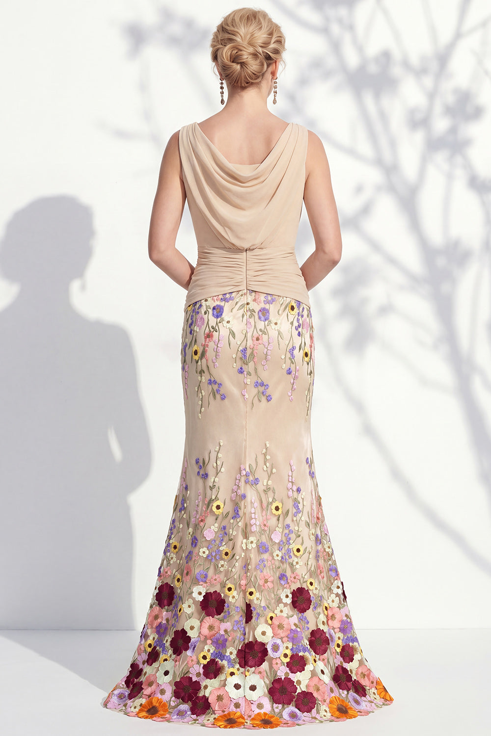 Green Floral Boat Neck Ruched Long Mermaid Mother of the Bride Dress