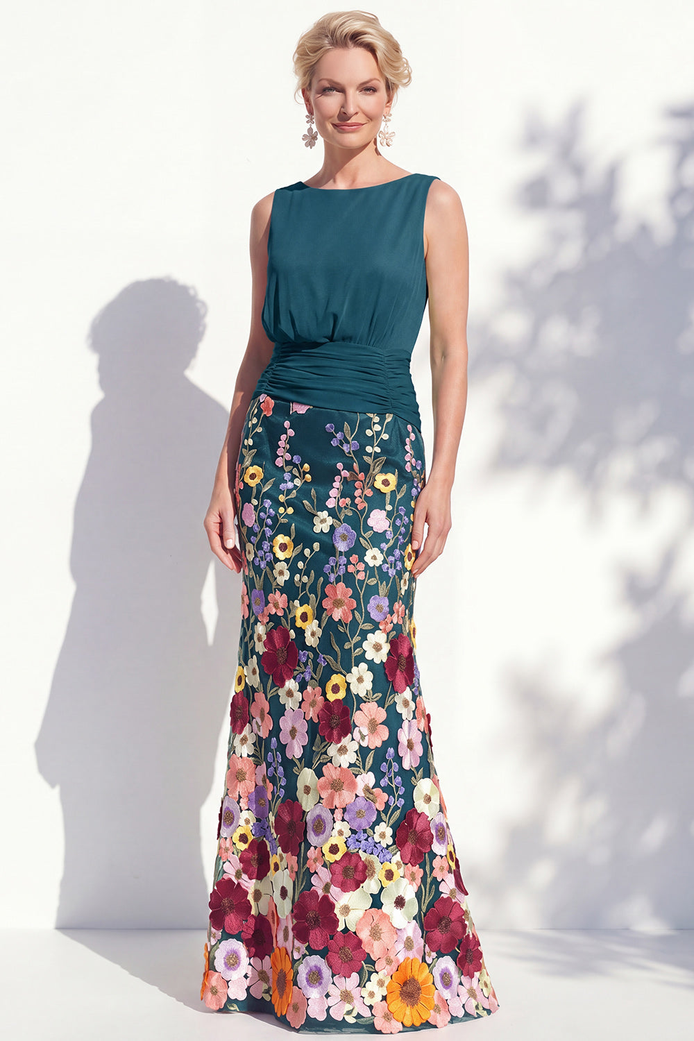Green Floral Boat Neck Ruched Long Mermaid Mother of the Bride Dress