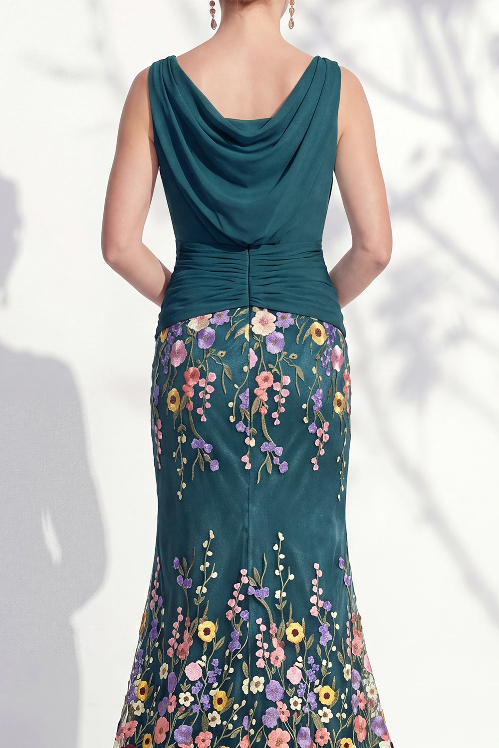Green Floral Boat Neck Ruched Long Mermaid Mother of the Bride Dress