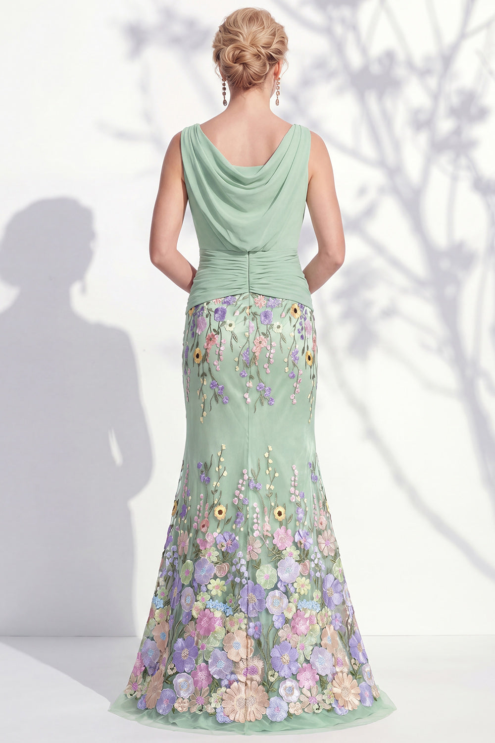 Green Floral Boat Neck Ruched Long Mermaid Mother of the Bride Dress