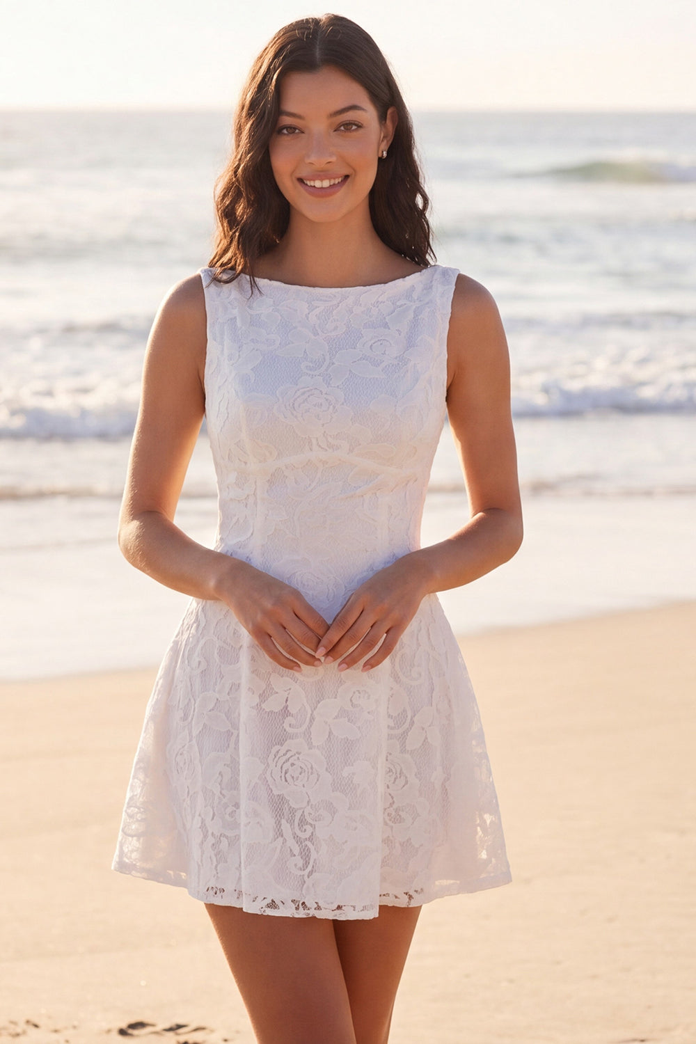 Ivory Boat Neck A Line Lace Short Floral Bridal Shower Dress