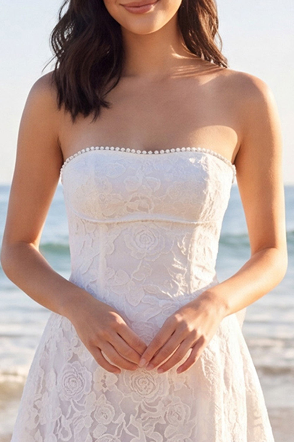 Ivory Strapless A Line Floral Short Bridal Shower Dress with Pearls
