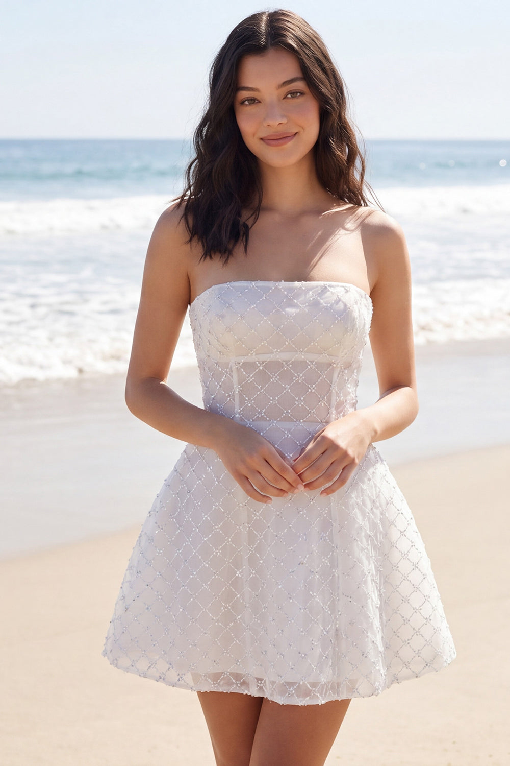 Sparkly Ivory Beaded A Line Strapless Short Bridal Shower Dress