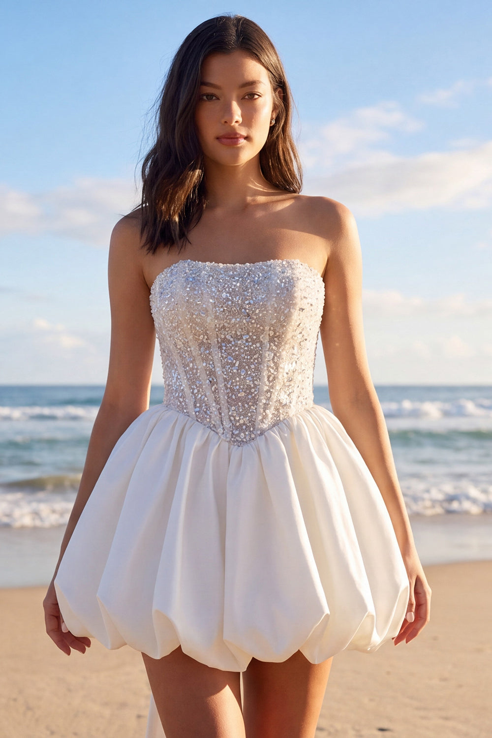 Sparkly Ivory Strapless Corset Beaded A Line Short Bridal Shower Dress with Bow