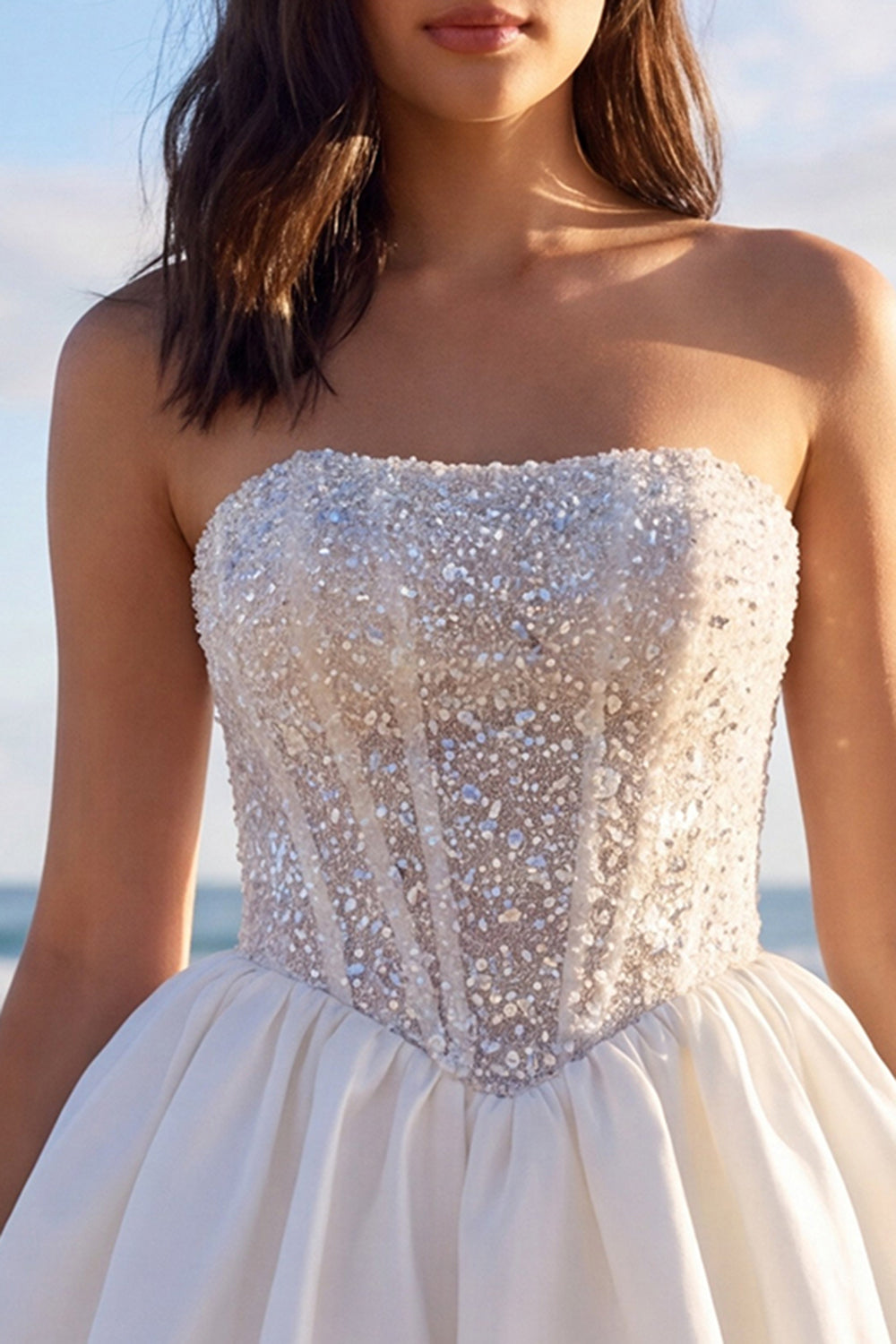 Sparkly Ivory Strapless Corset Beaded A Line Short Bridal Shower Dress with Bow