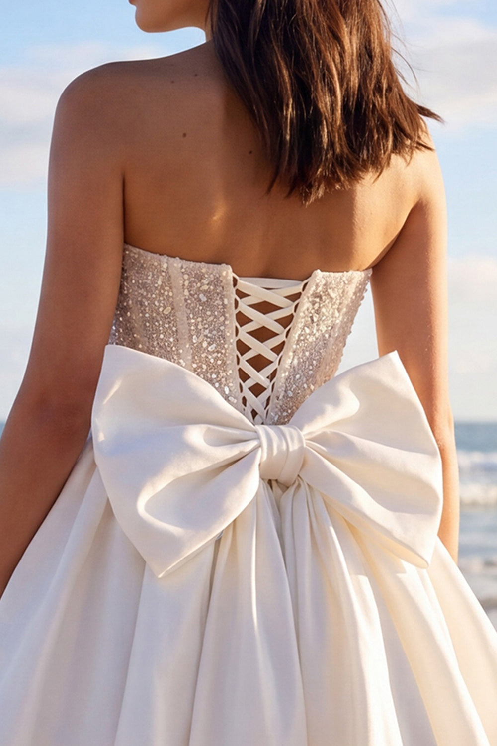 Sparkly Ivory Strapless Corset Beaded A Line Short Bridal Shower Dress with Bow