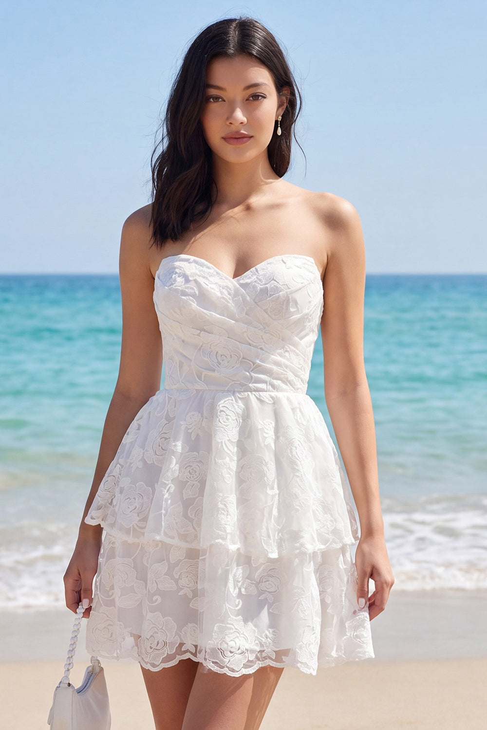 Ivory Strapless A Line Tiered Floral Lace Short Bridal Shower Dress