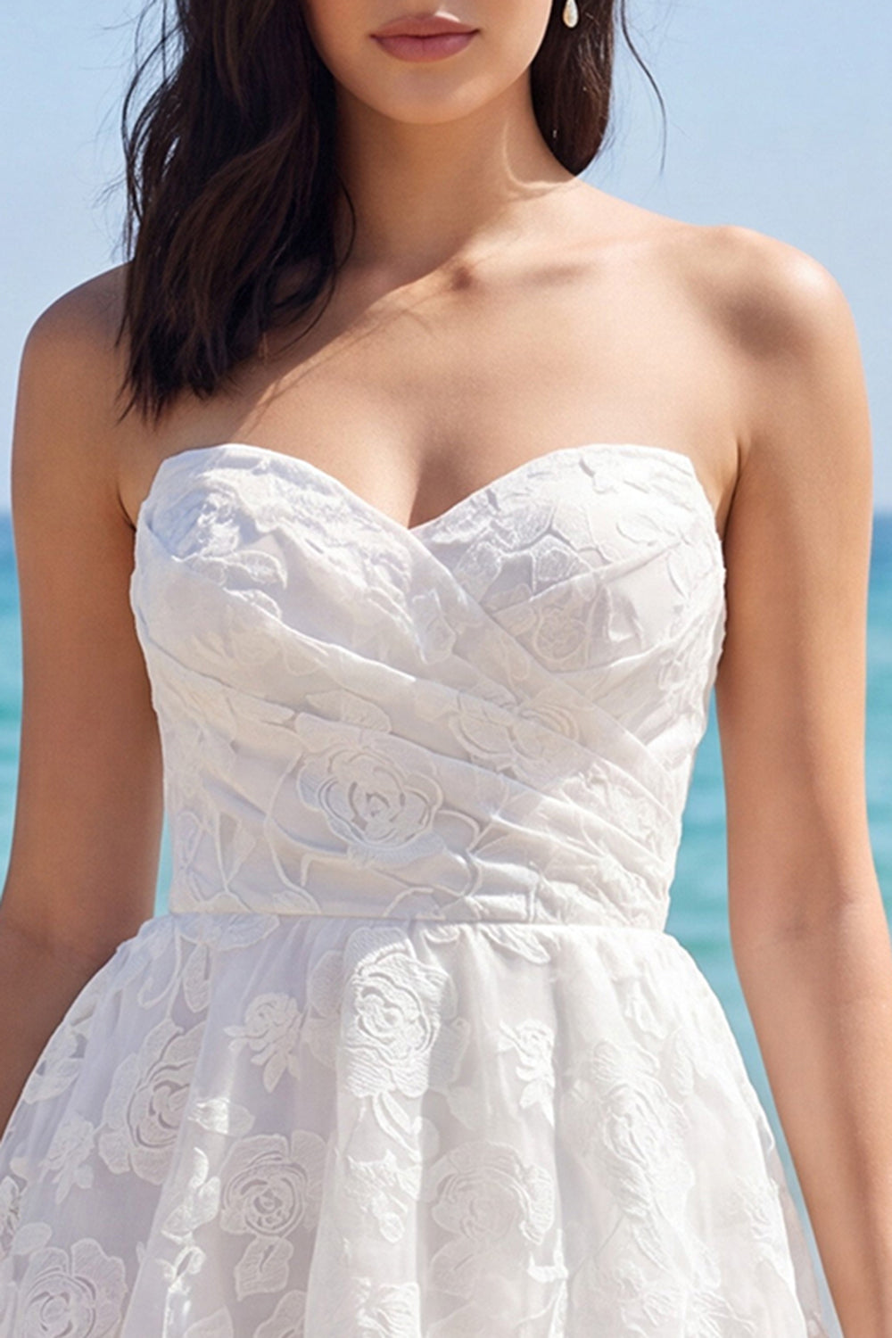 Ivory Strapless A Line Tiered Floral Lace Short Bridal Shower Dress