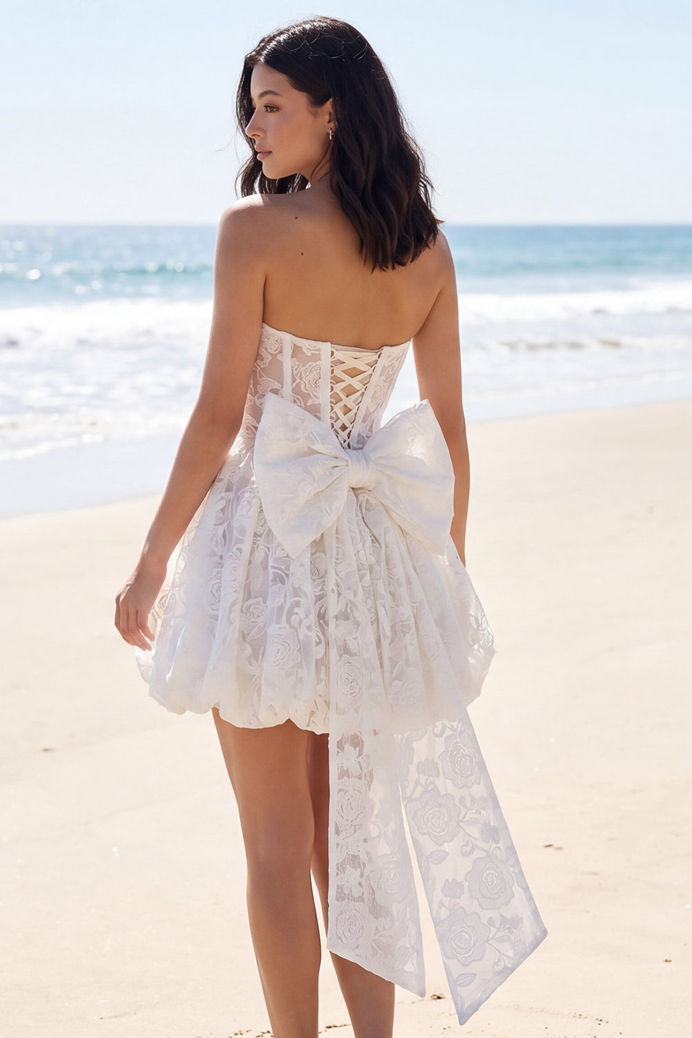 Ivory Strapless A Line Floral Corset Short Lace Bridal Shower Dress with Bow