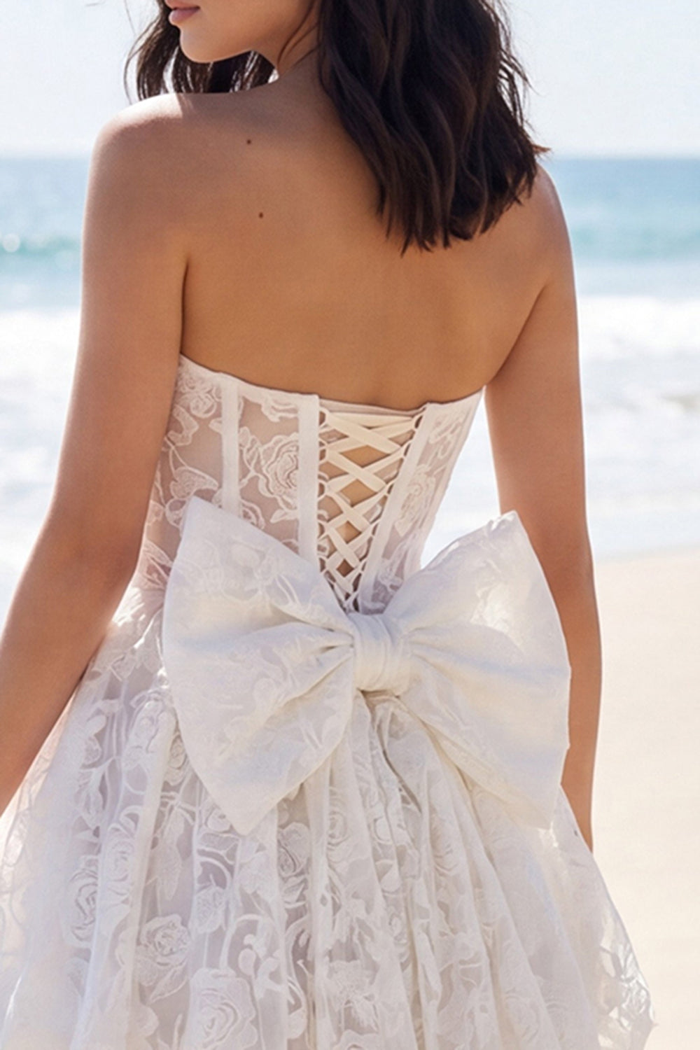 Ivory Strapless A Line Floral Corset Short Lace Bridal Shower Dress with Bow