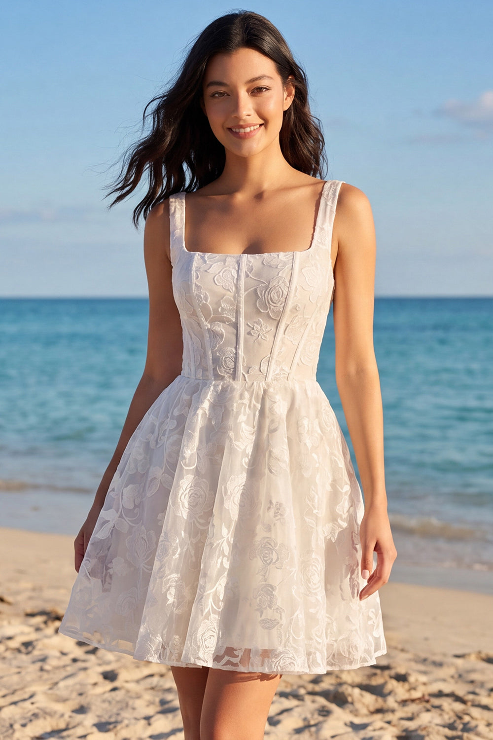 Ivory Thick Straps A Line Corset Floral Short Lace Bridal Shower Dress