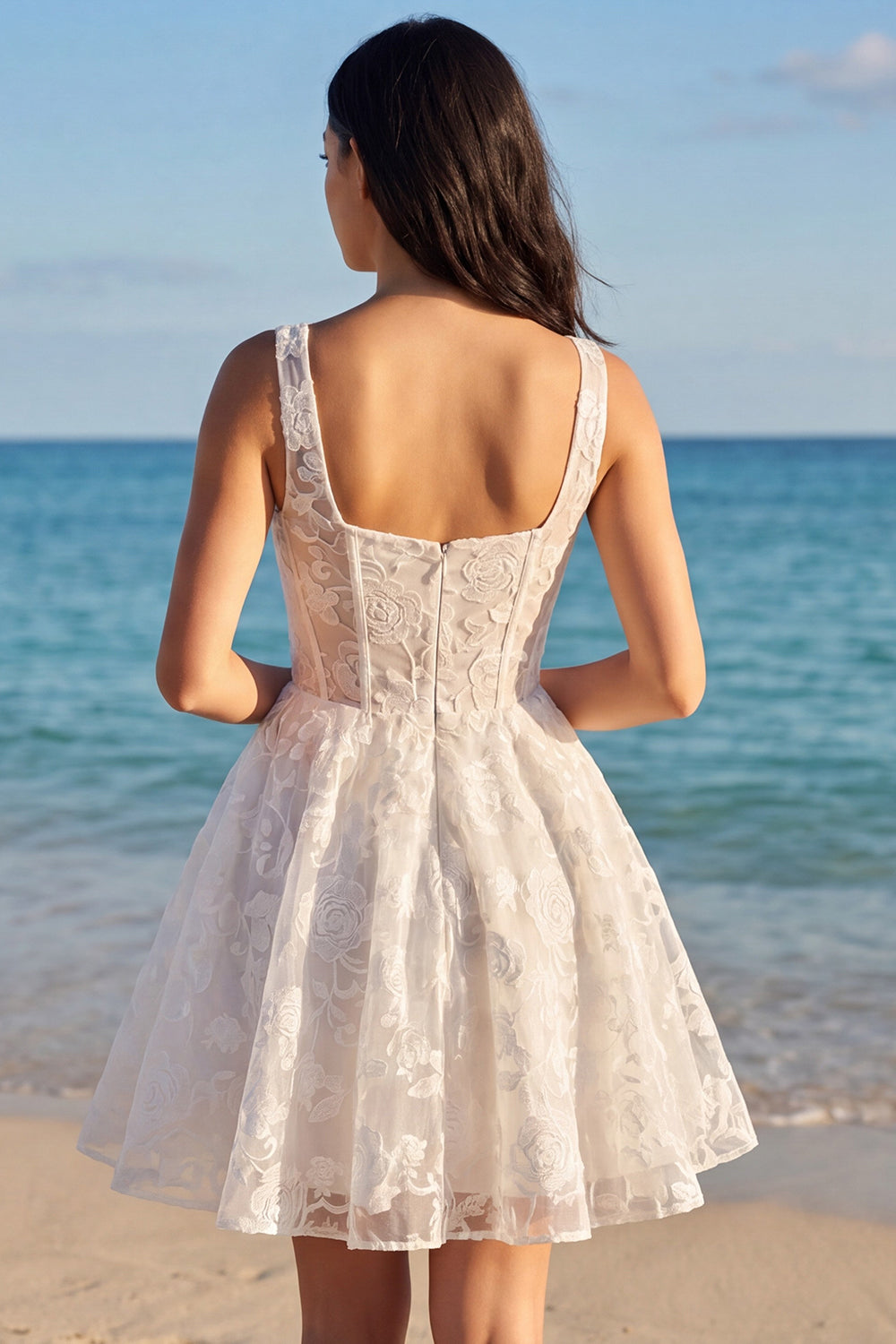Ivory Thick Straps A Line Corset Floral Short Lace Bridal Shower Dress