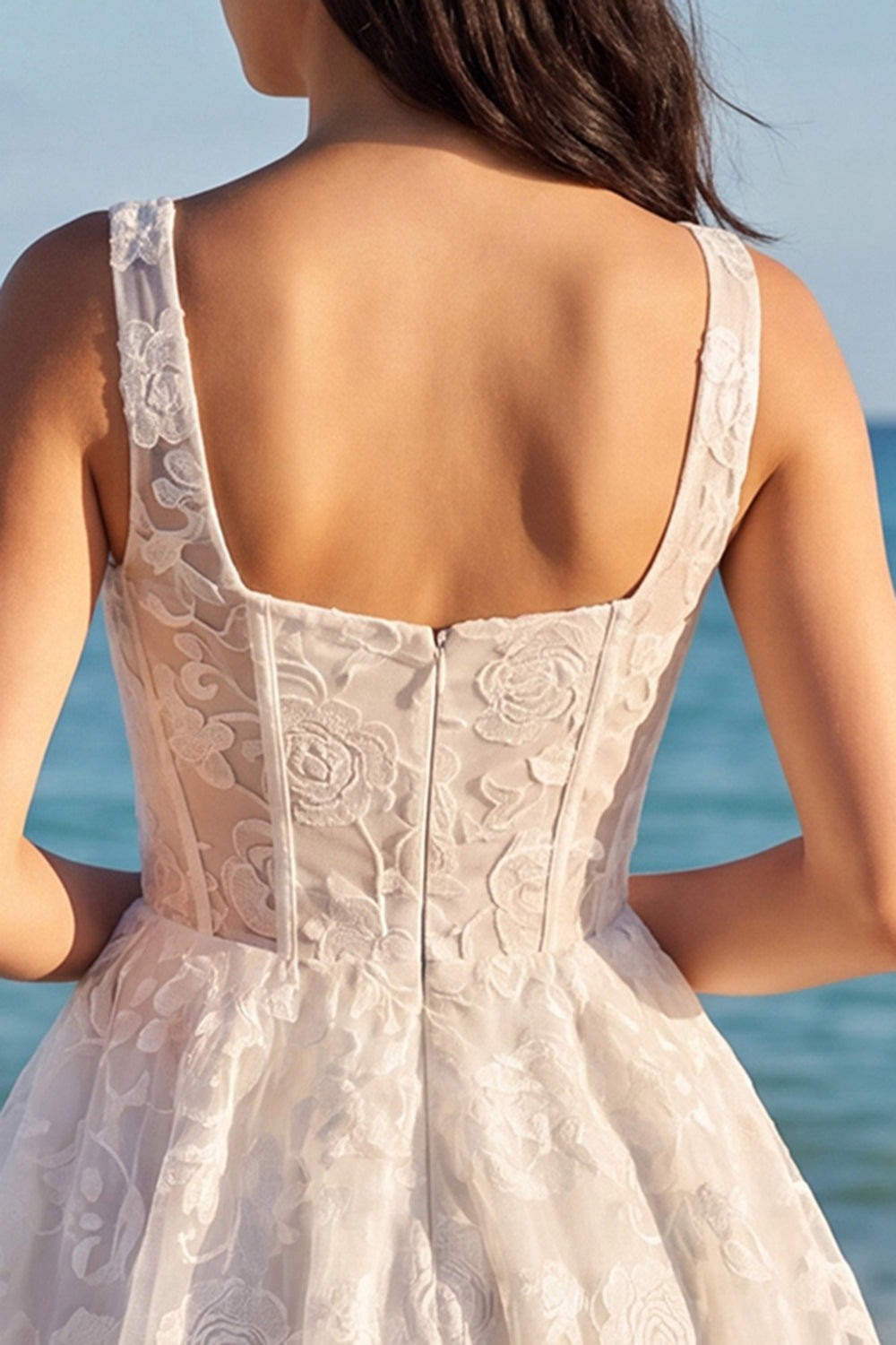 Ivory Thick Straps A Line Corset Floral Short Lace Bridal Shower Dress