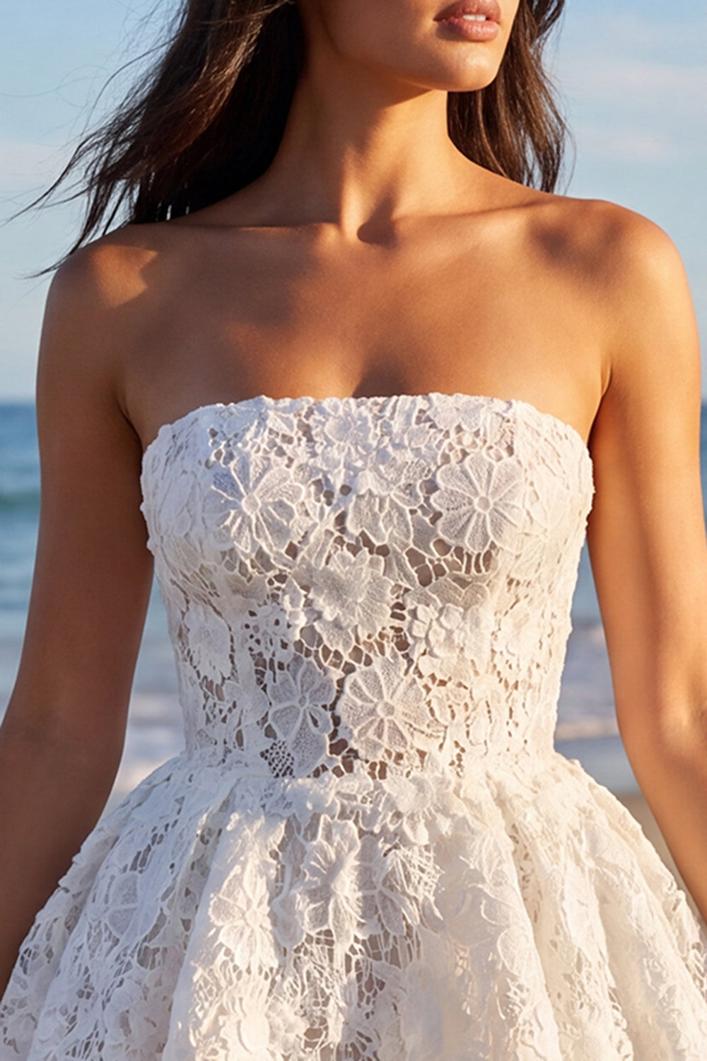 Ivory Strapless Lace A Line Floral Short Bridal Shower Dress
