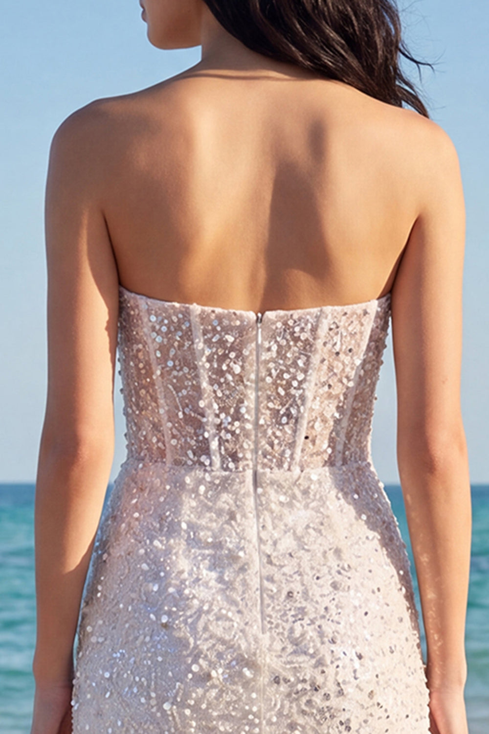 Sparkly Ivory Corset Beaded Strapless Tight Short Bridal Shower Dress