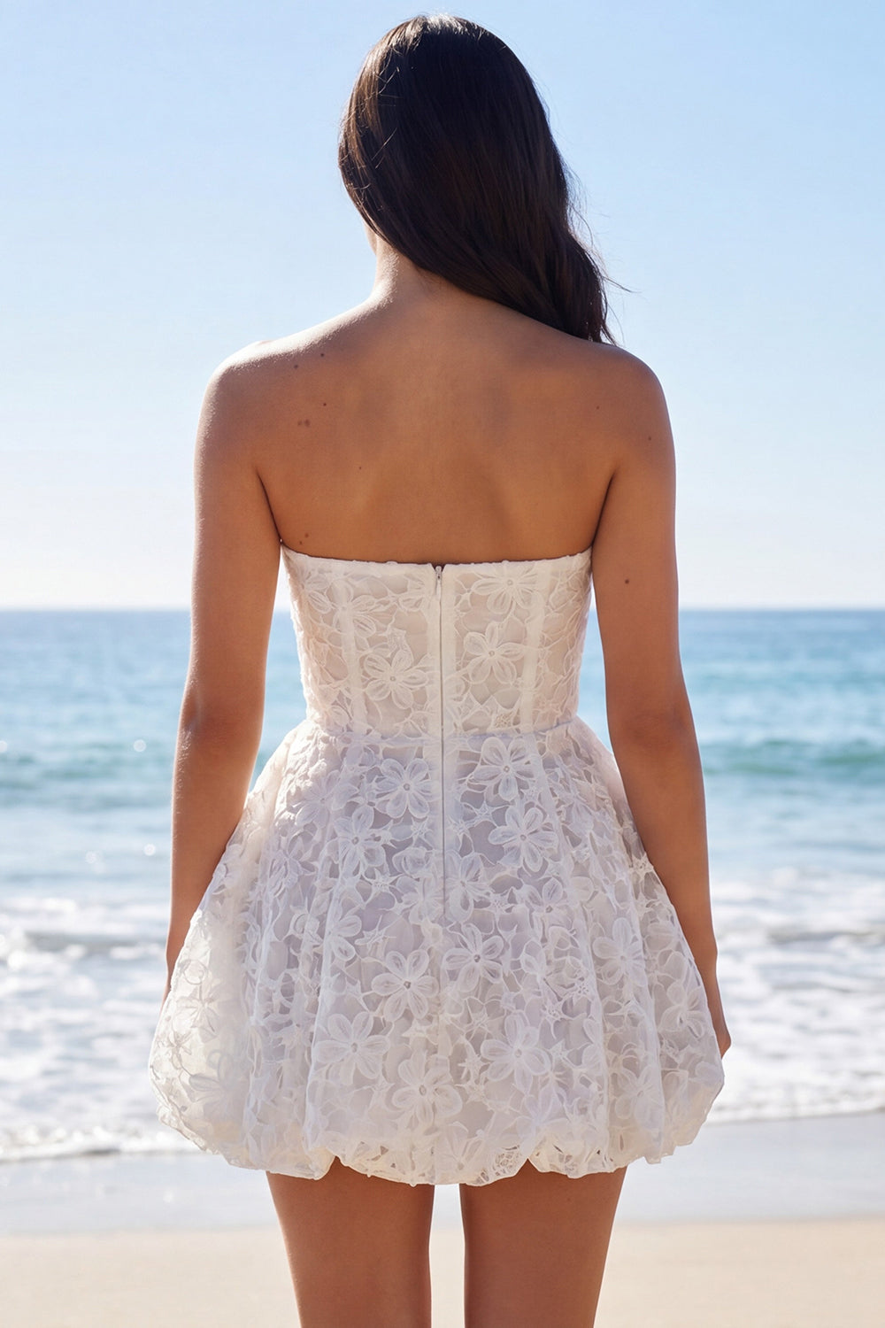 Floral Strapless A Line Lace Short Ivory Bridal Shower Dress