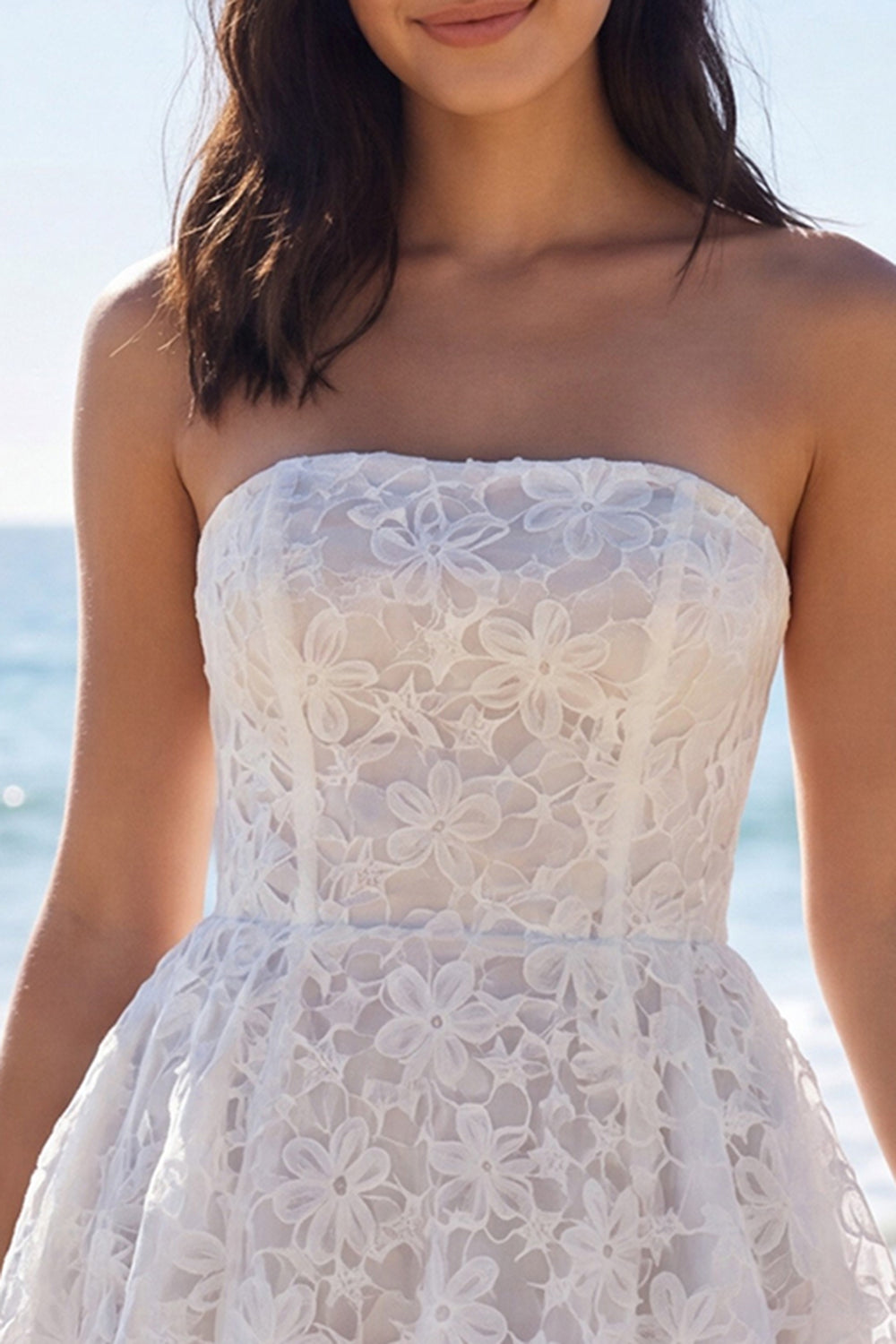 Floral Strapless A Line Lace Short Ivory Bridal Shower Dress