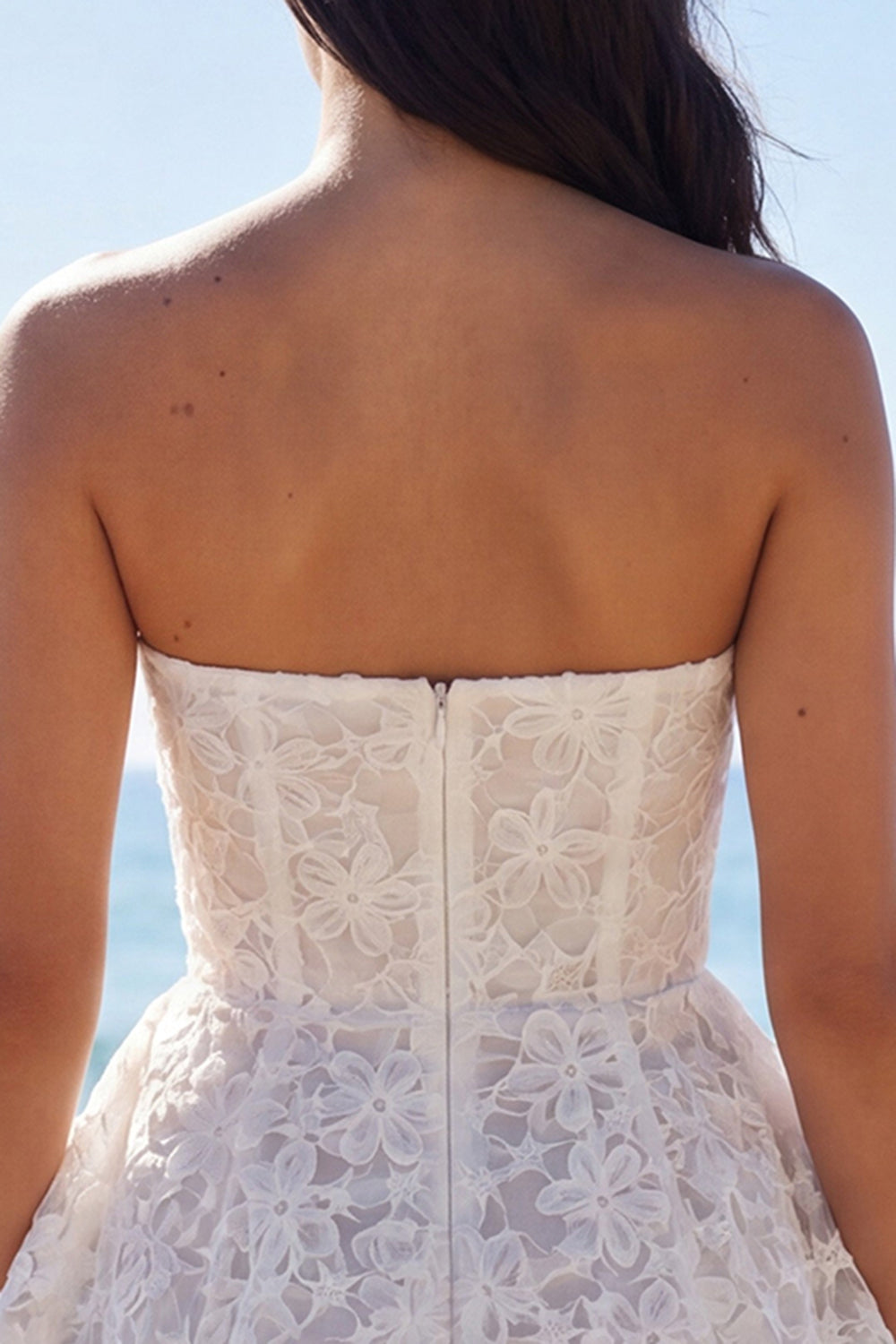 Floral Strapless A Line Lace Short Ivory Bridal Shower Dress