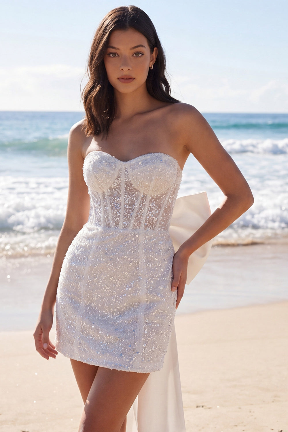 Sparkly Ivory Beaded Tight Short Corset Strapless Bridal Shower Dress with Bow