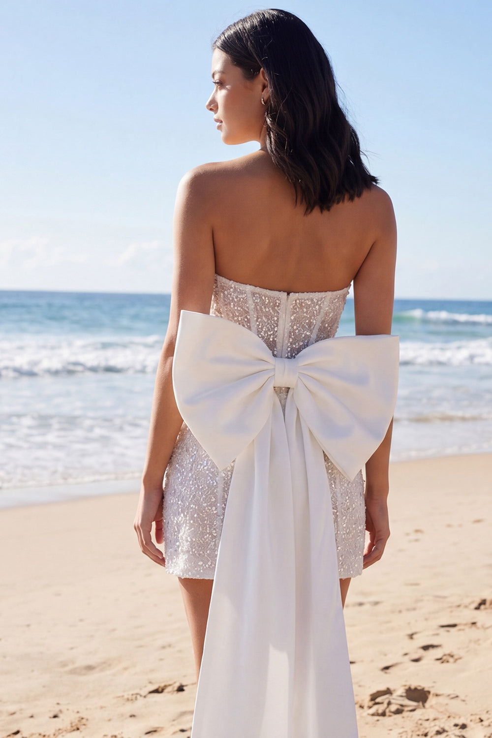 Sparkly Ivory Beaded Tight Short Corset Strapless Bridal Shower Dress with Bow