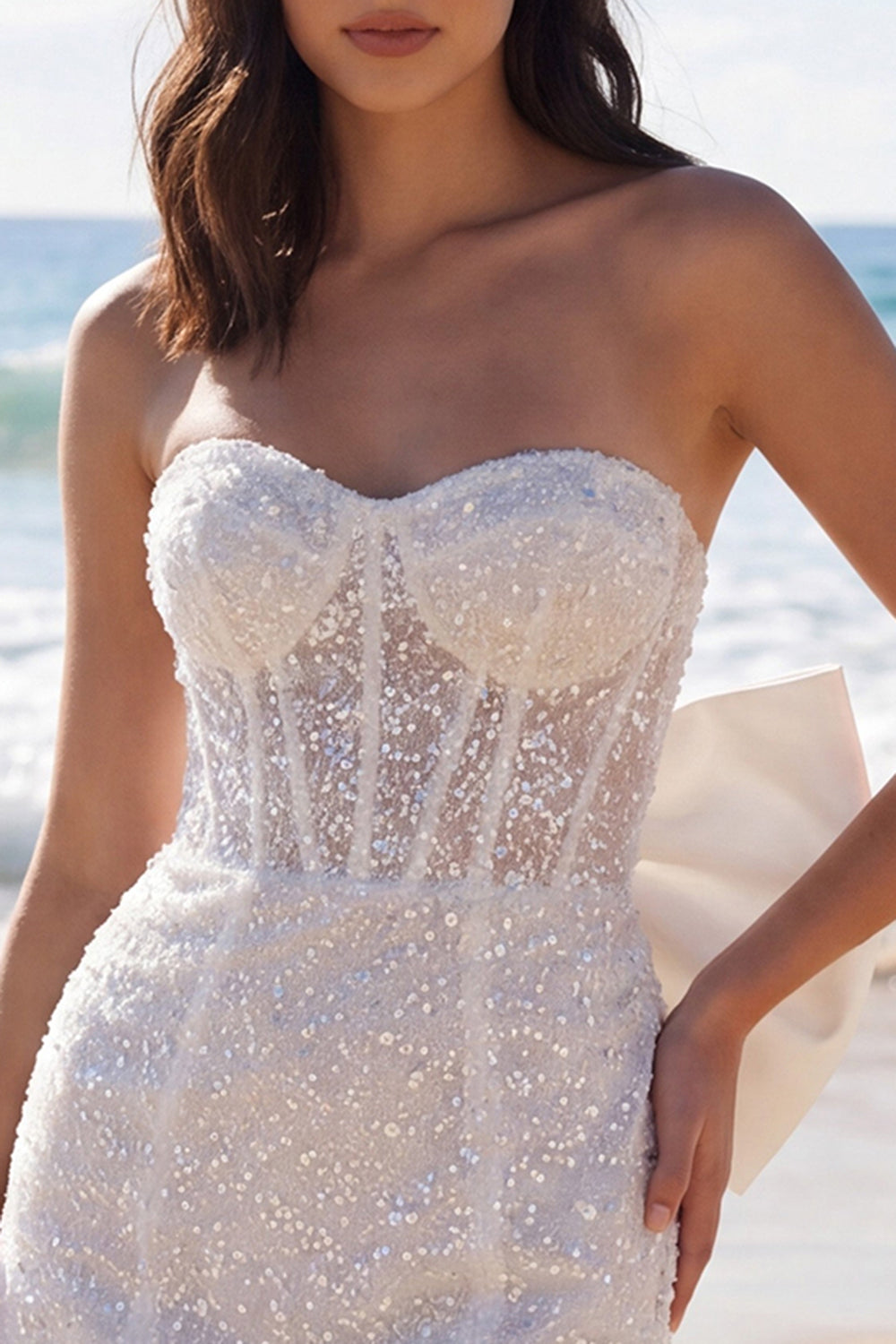Sparkly Ivory Beaded Tight Short Corset Strapless Bridal Shower Dress with Bow