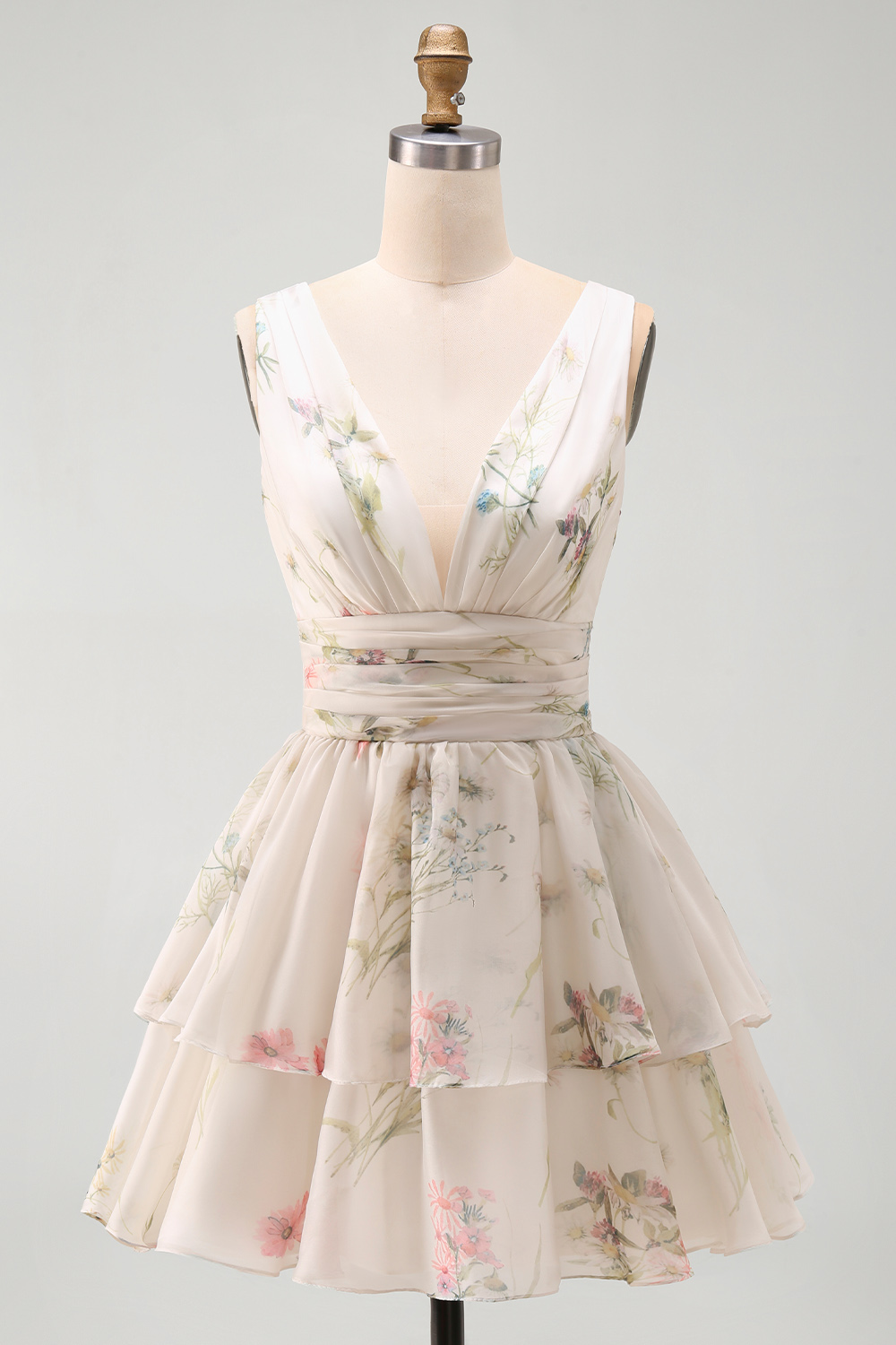 Ivory Floral V-Neck Ruched A Line Short Bridal Shower Dress