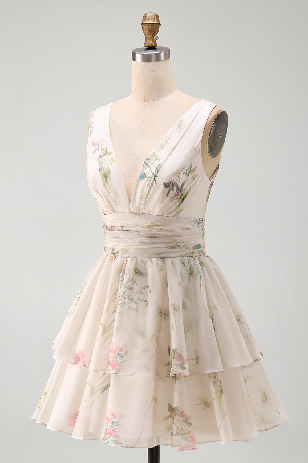 Ivory Floral V-Neck Ruched A Line Short Bridal Shower Dress