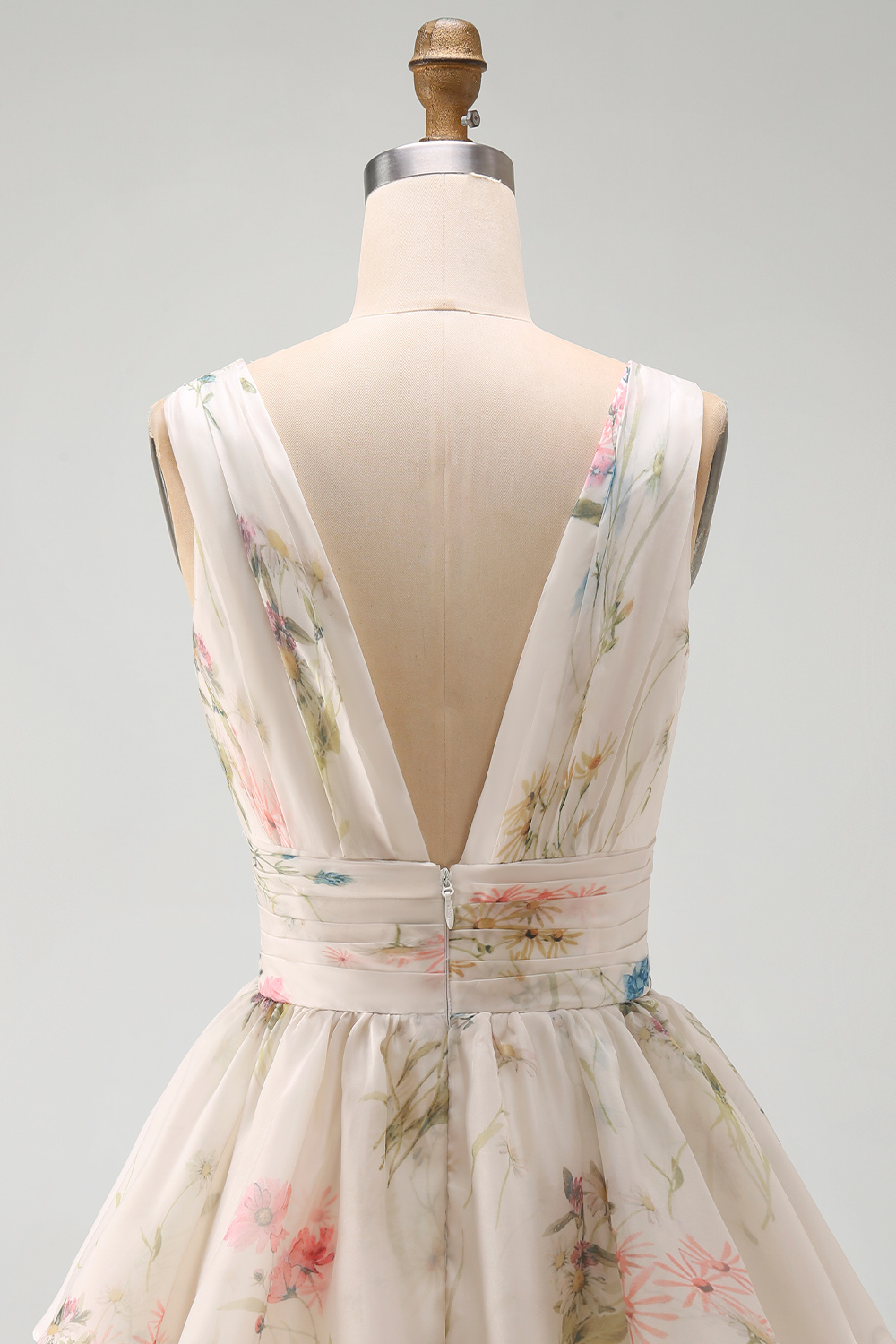Ivory Floral V-Neck Ruched A Line Short Bridal Shower Dress