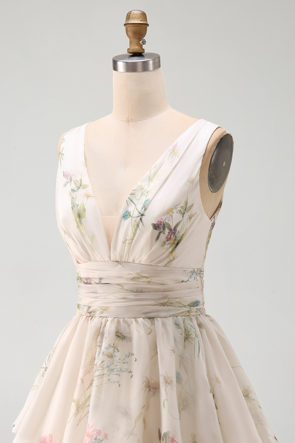 Ivory Floral V-Neck Ruched A Line Short Bridal Shower Dress