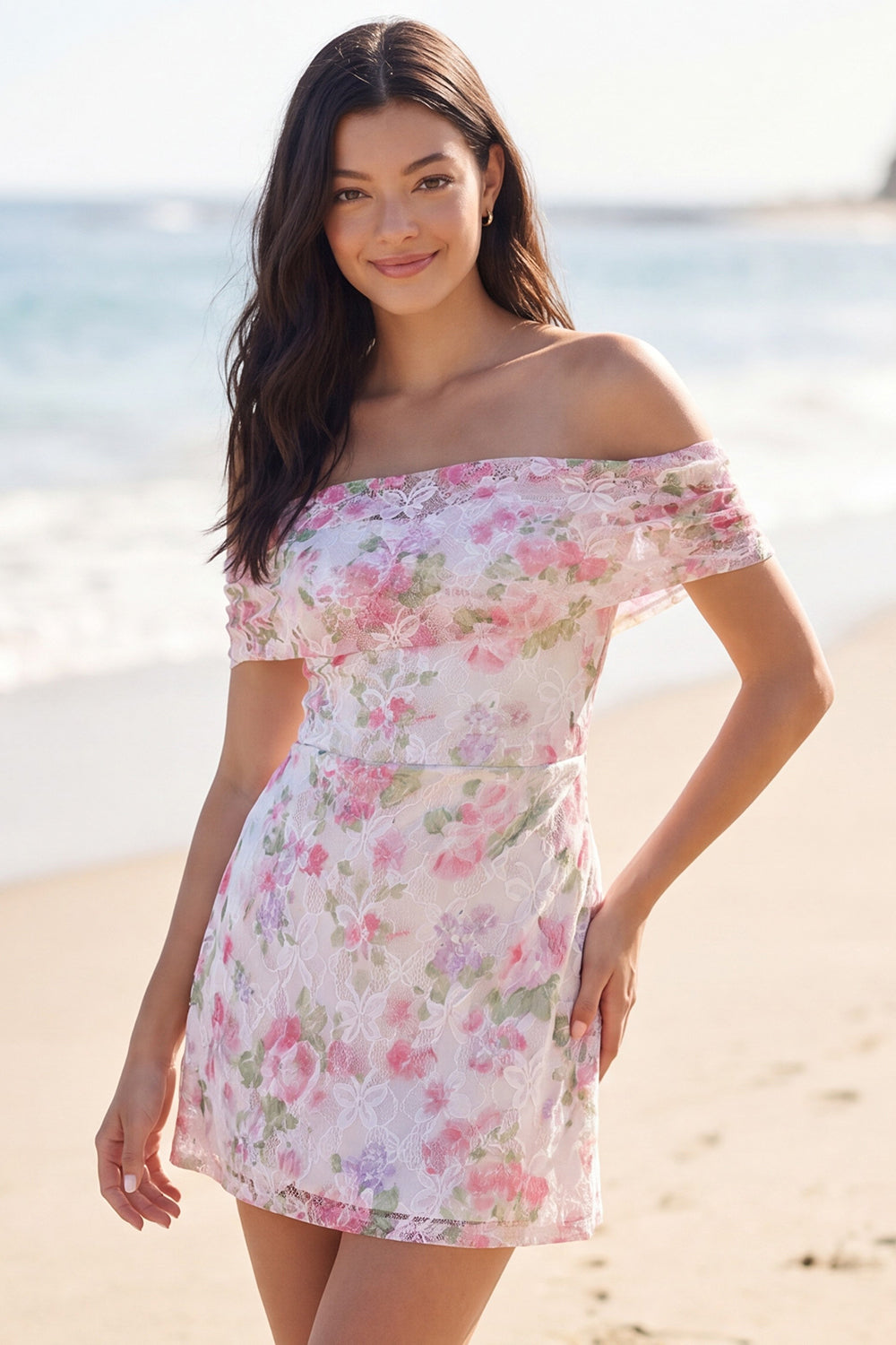 Lace Light Pink Off the Shoulder Short Floral Bridal Shower Dress